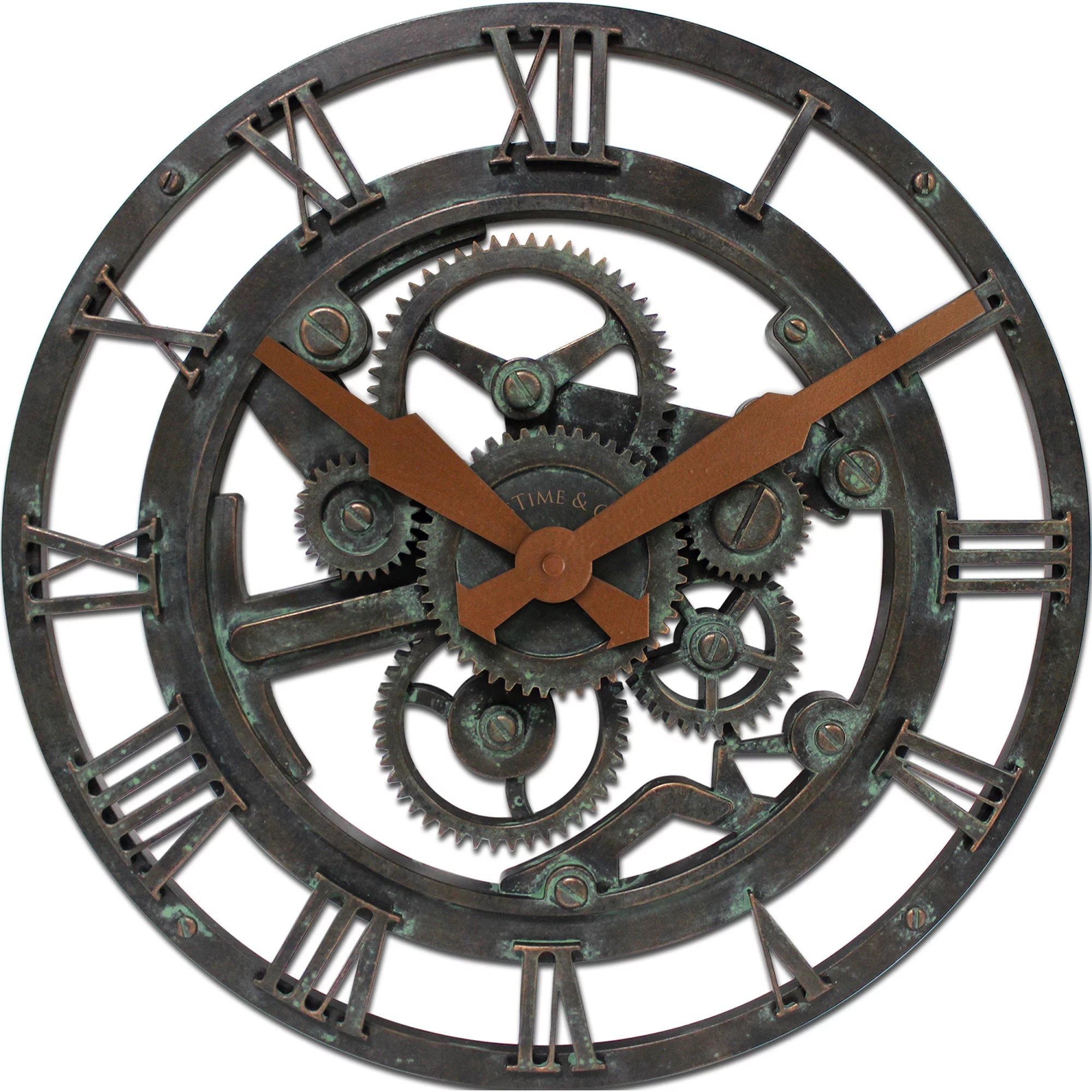 Verdigris Oxidized Gears Wall Clock, Industrial, Analog, 15 x 2 x 15 in