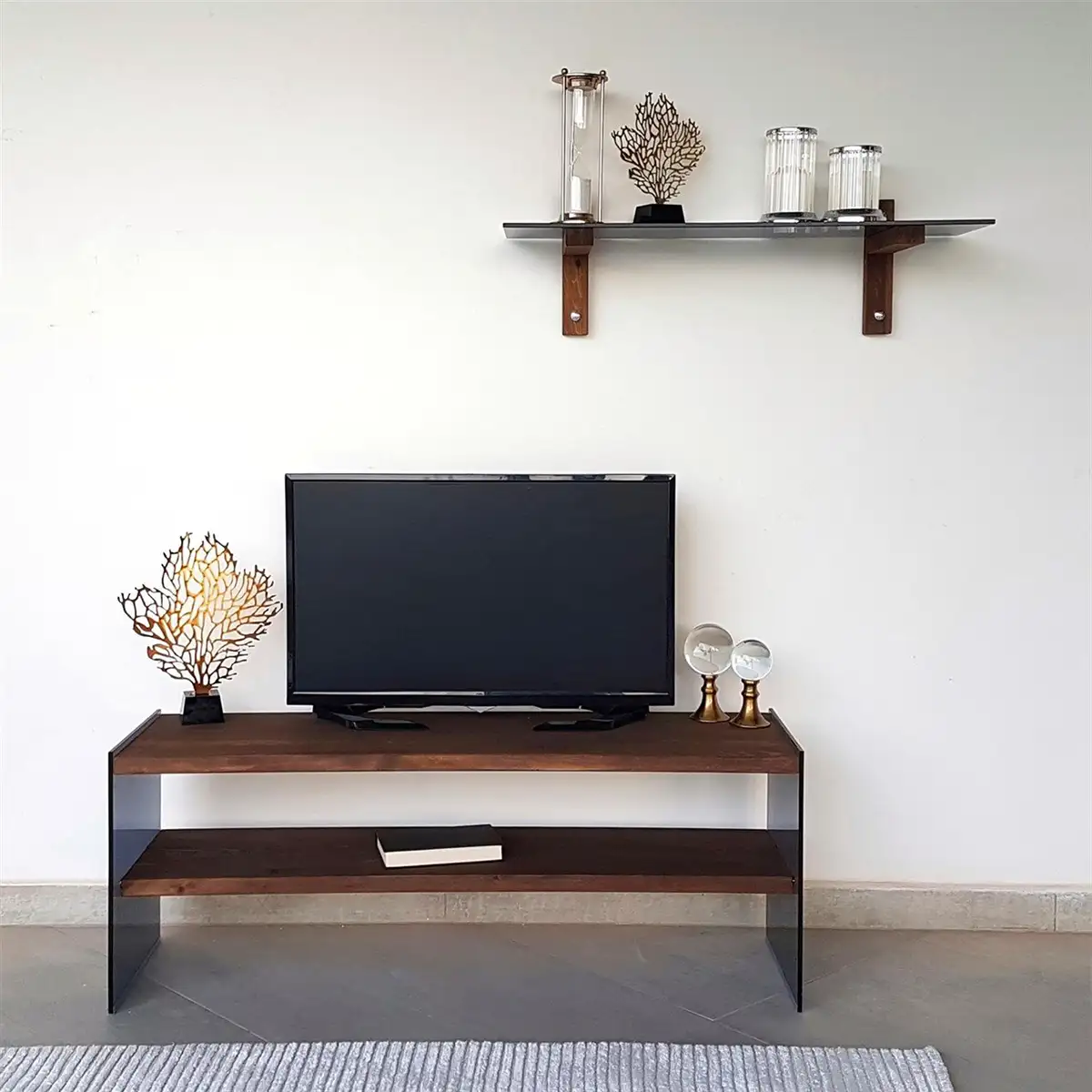 Carlos - Modern Solid Wood and Tempered Smoked Glass TV Stand with 2 Book Shelves, Walnut TV Stand