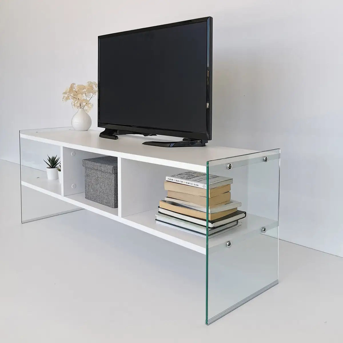 Carlos- Modern TV Stand with Tempered Glass or Tempered Smoked Glass - White