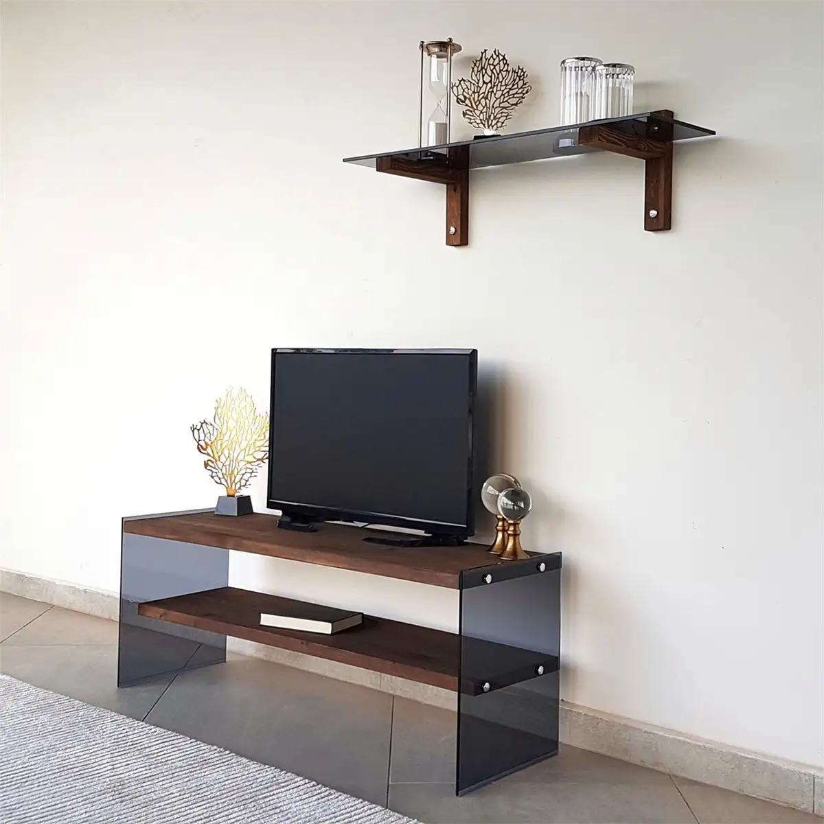 Carlos - Modern Solid Wood and Tempered Smoked Glass TV Stand with 2 Book Shelves, Walnut TV Stand