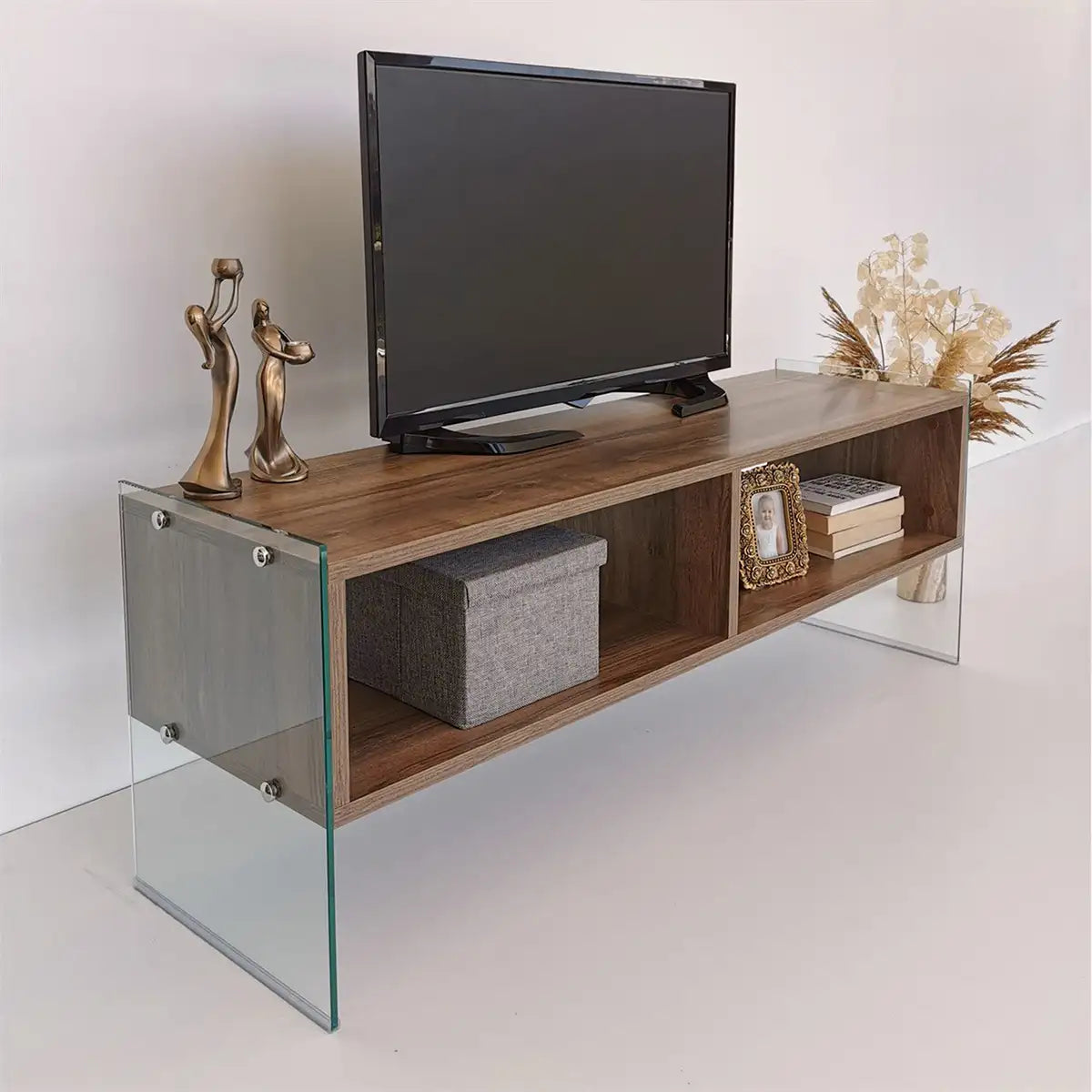 Carlos - Modern TV Stand with Tempered Glass or Smoked Glass - Walnut Finish