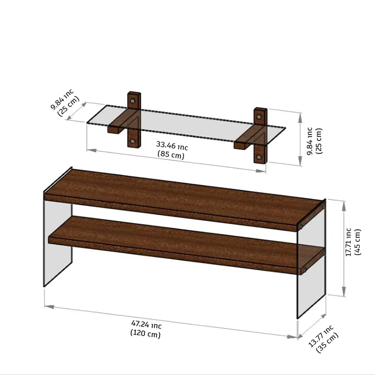 Carlos - Modern Solid Wood and Tempered Glass TV Stand with 2 Book Shelves, Walnut