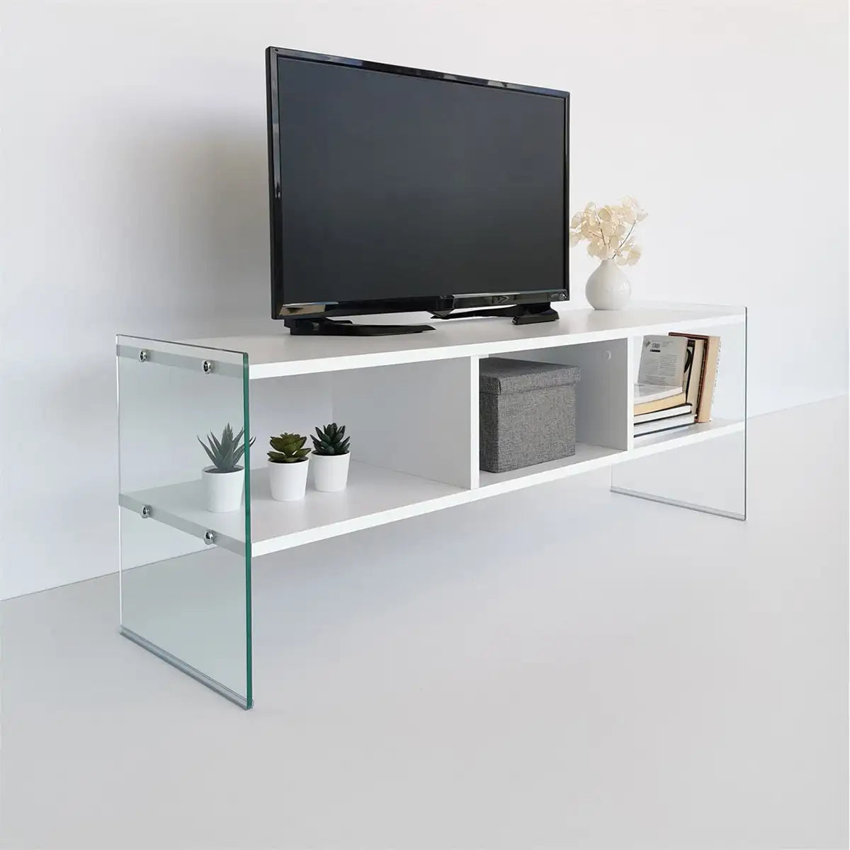 Carlos- Modern TV Stand with Tempered Glass or Tempered Smoked Glass - White