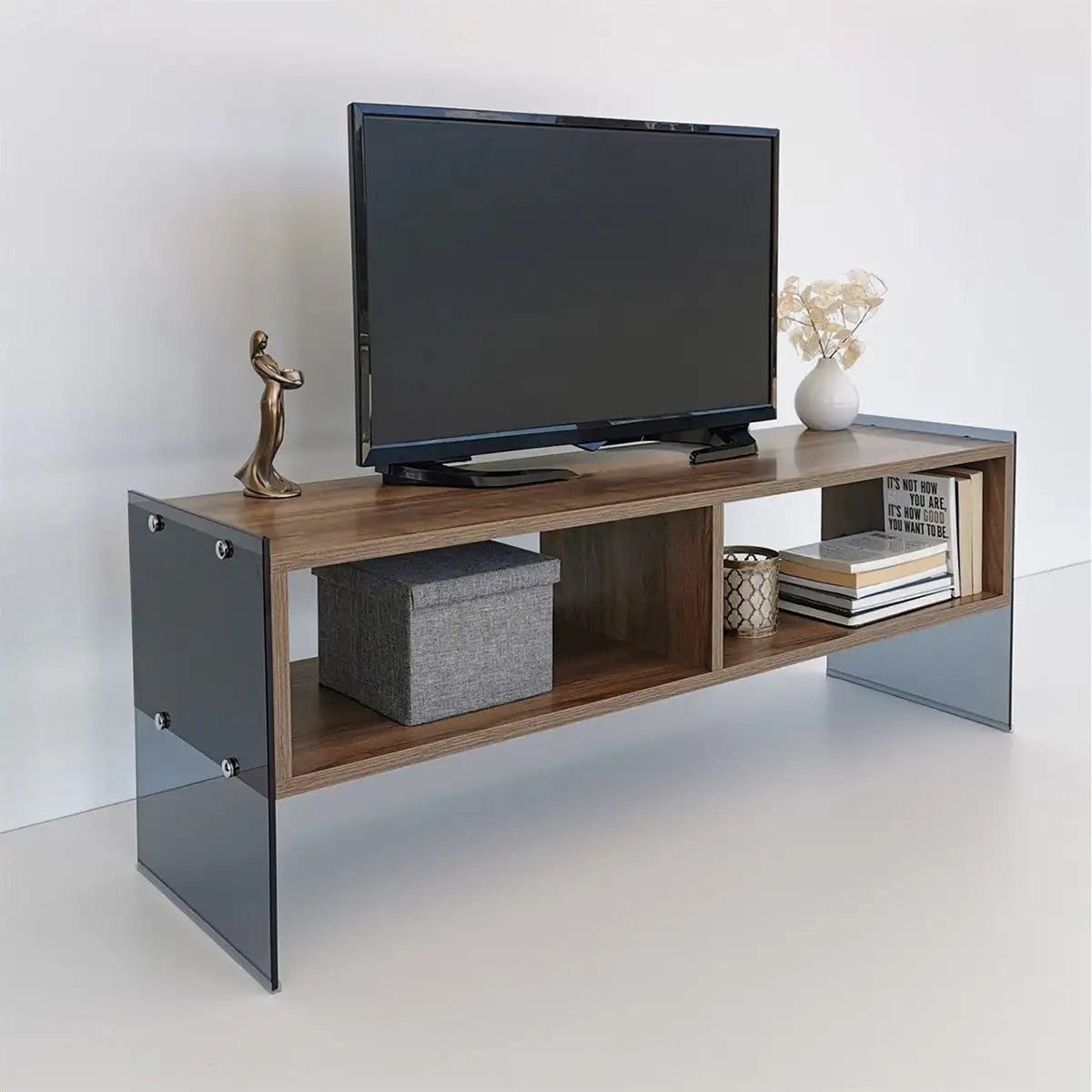 Carlos - Modern TV Stand with Tempered Glass or Smoked Glass - Walnut Finish