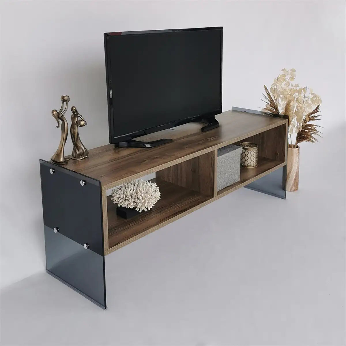 Carlos - Modern TV Stand with Tempered Glass or Smoked Glass - Walnut Finish