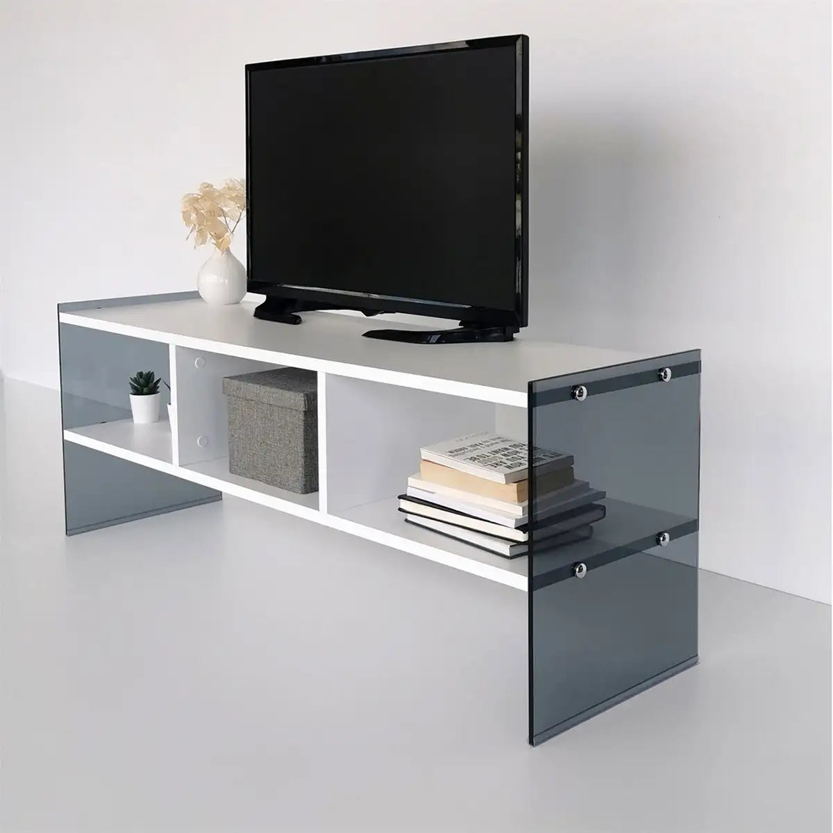 Carlos- Modern TV Stand with Tempered Glass or Tempered Smoked Glass - White