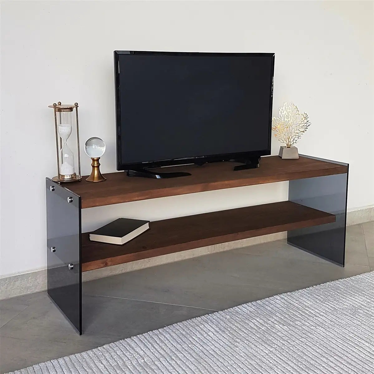 Carlos - Modern Solid Wood and Tempered Smoked Glass TV Stand with 2 Book Shelves, Walnut TV Stand