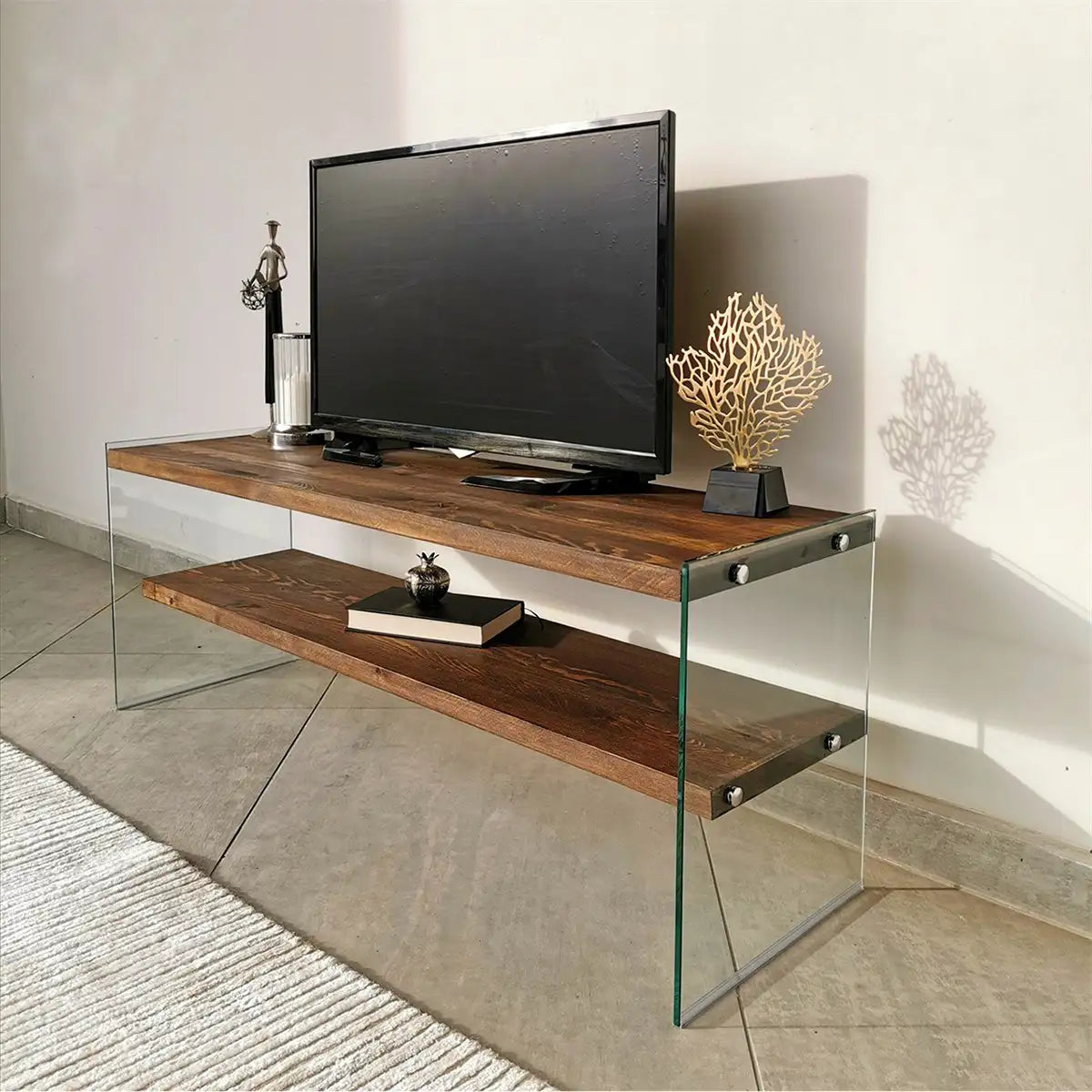 Carlos - Modern Solid Wood and Tempered Glass TV Stand with 2 Book Shelves, Walnut