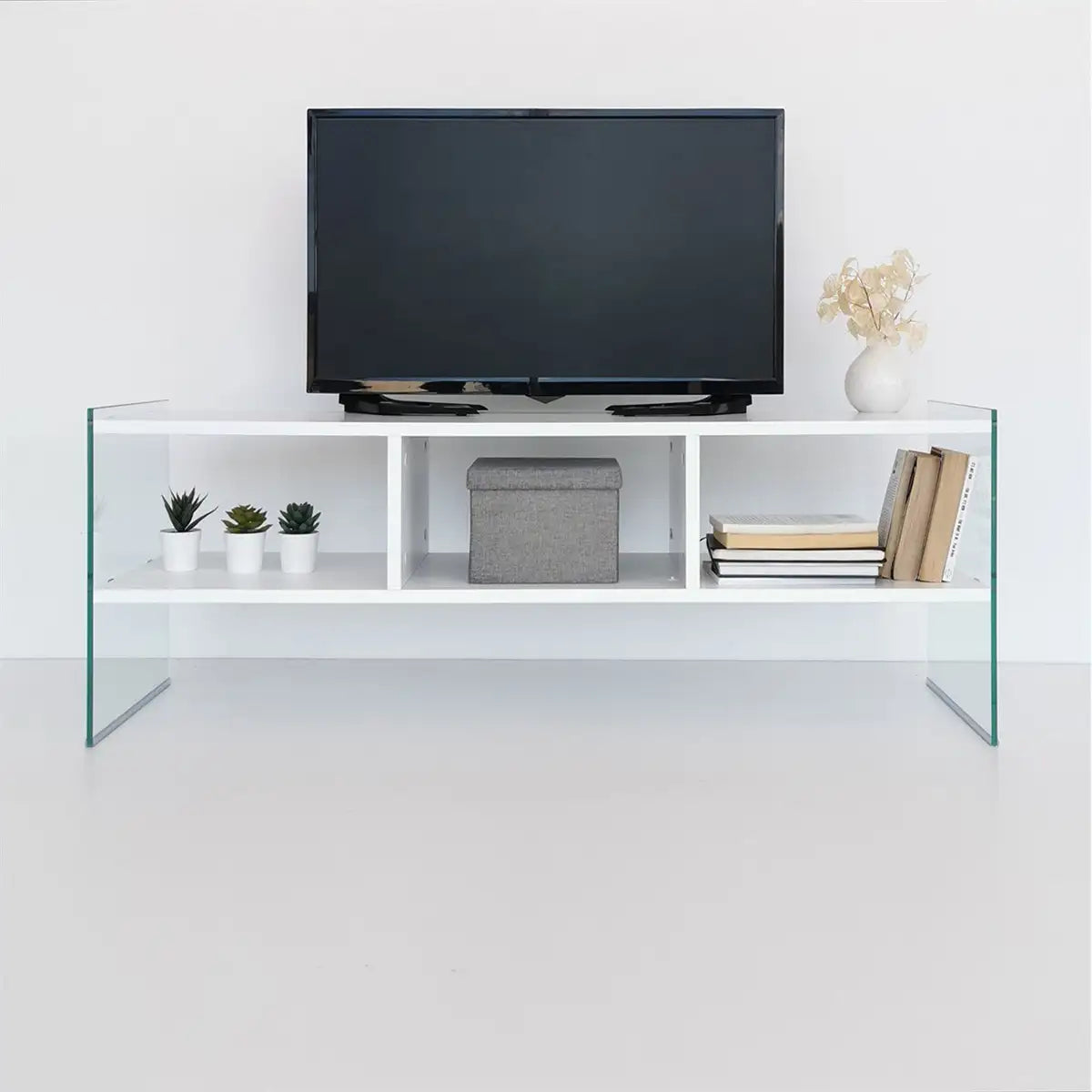 Carlos- Modern TV Stand with Tempered Glass or Tempered Smoked Glass - White