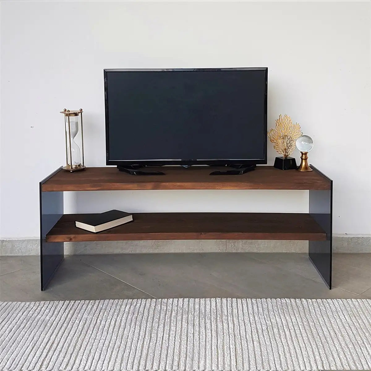 Carlos - Modern Solid Wood and Tempered Smoked Glass TV Stand with 2 Book Shelves, Walnut TV Stand