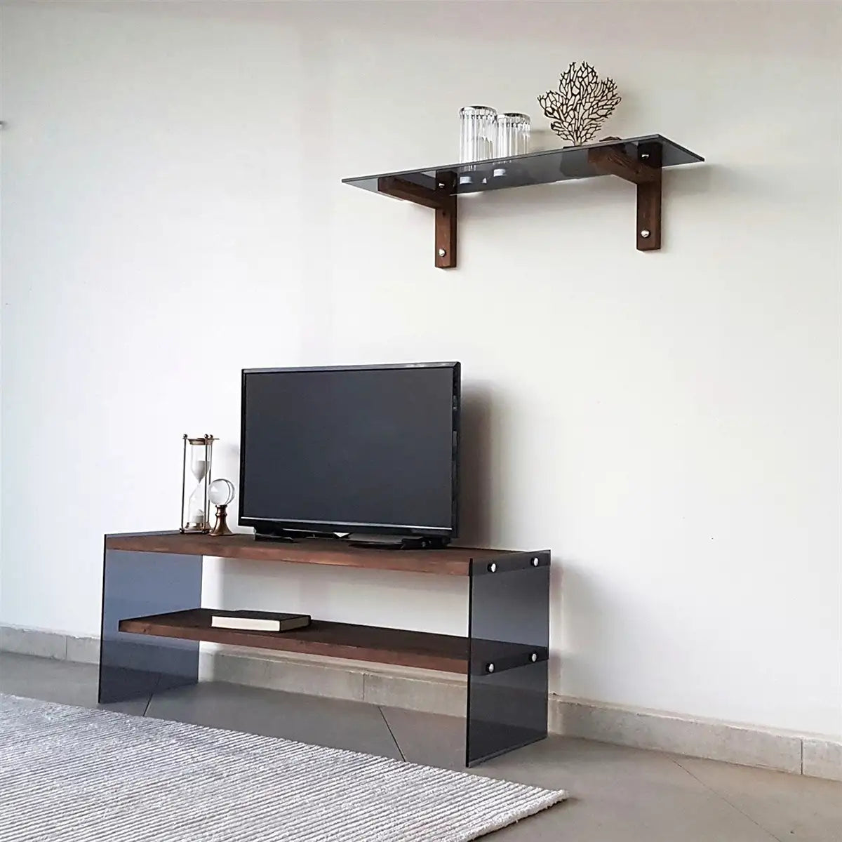 Carlos - Modern Solid Wood and Tempered Smoked Glass TV Stand with 2 Book Shelves, Walnut TV Stand