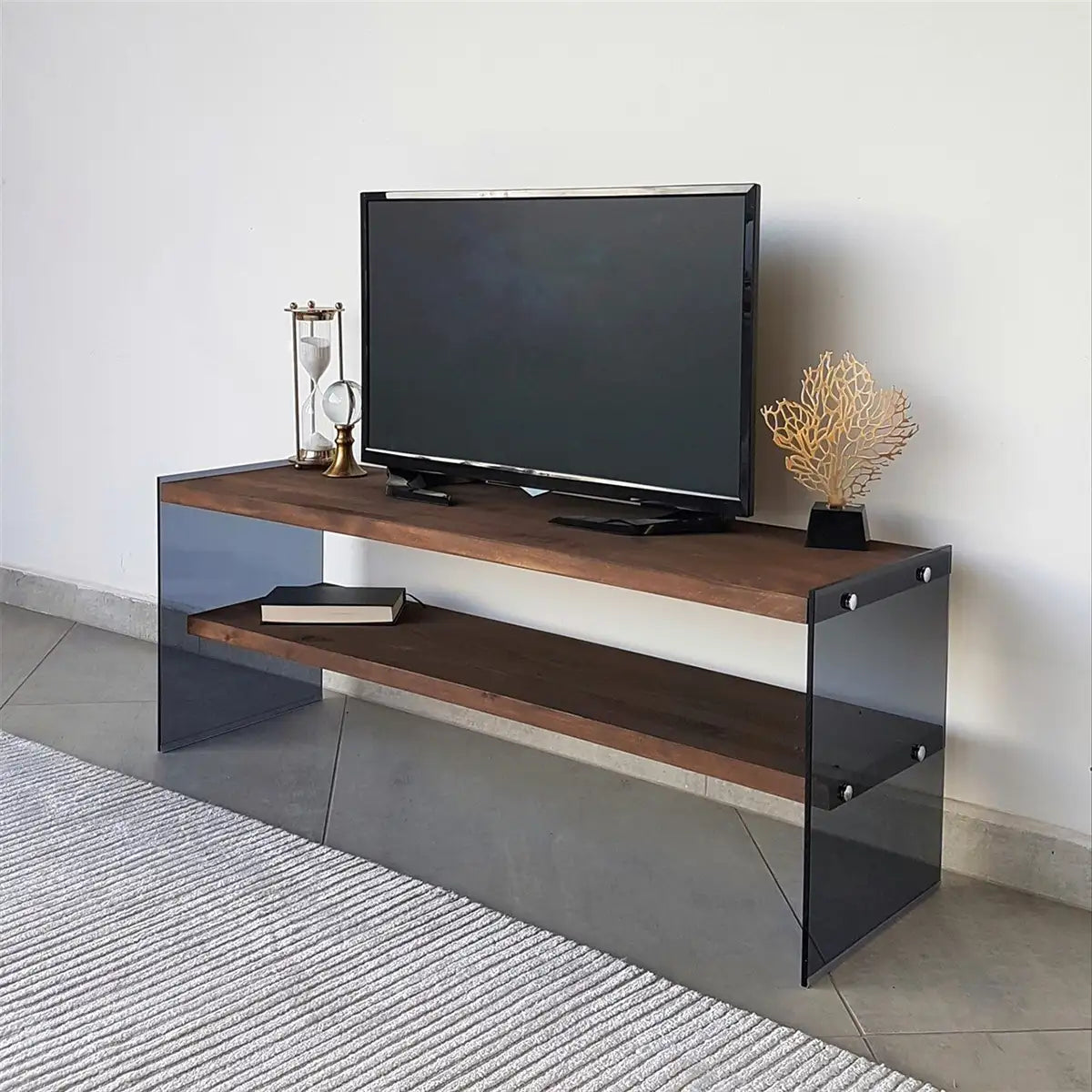 Carlos - Modern Solid Wood and Tempered Smoked Glass TV Stand with 2 Book Shelves, Walnut TV Stand