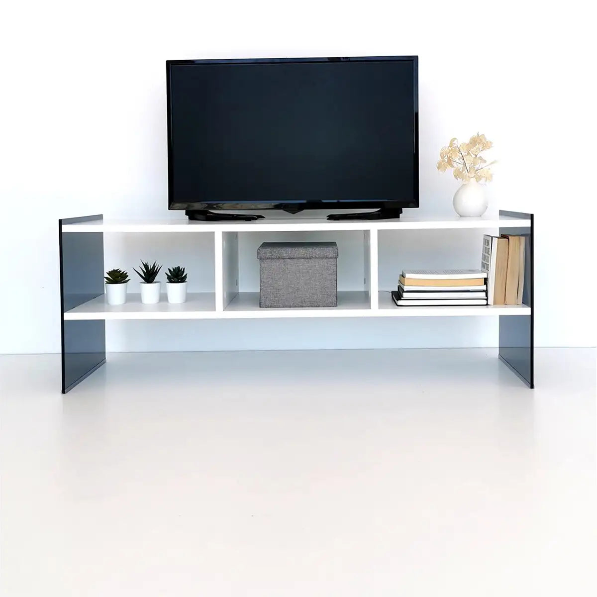 Carlos- Modern TV Stand with Tempered Glass or Tempered Smoked Glass - White