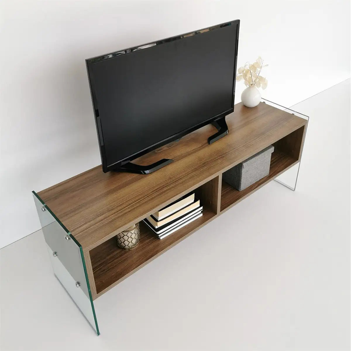 Carlos - Modern TV Stand with Tempered Glass or Smoked Glass - Walnut Finish