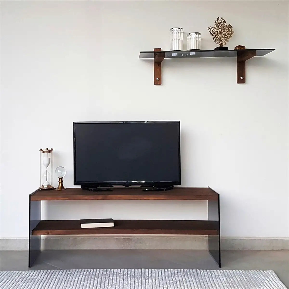 Carlos - Modern Solid Wood and Tempered Smoked Glass TV Stand with 2 Book Shelves, Walnut TV Stand