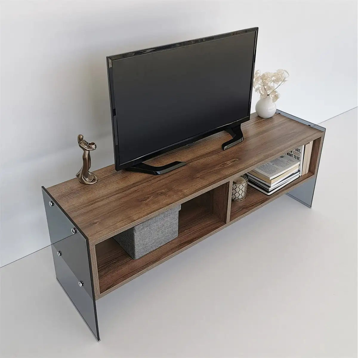 Carlos - Modern TV Stand with Tempered Glass or Smoked Glass - Walnut Finish