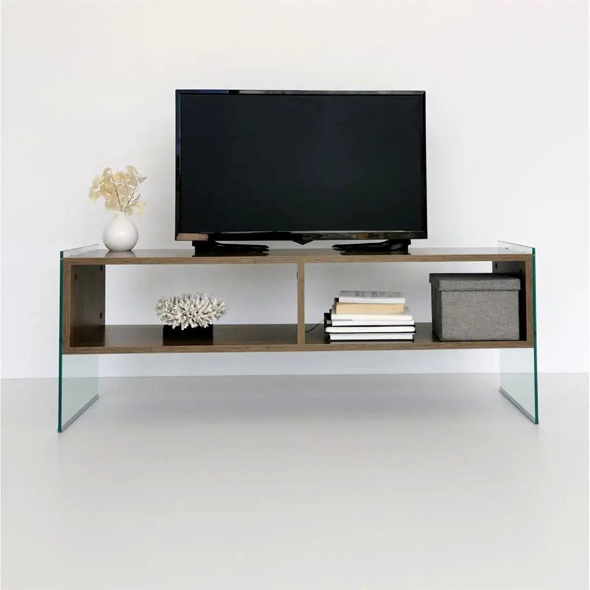 Carlos - Modern TV Stand with Tempered Glass or Smoked Glass - Walnut Finish