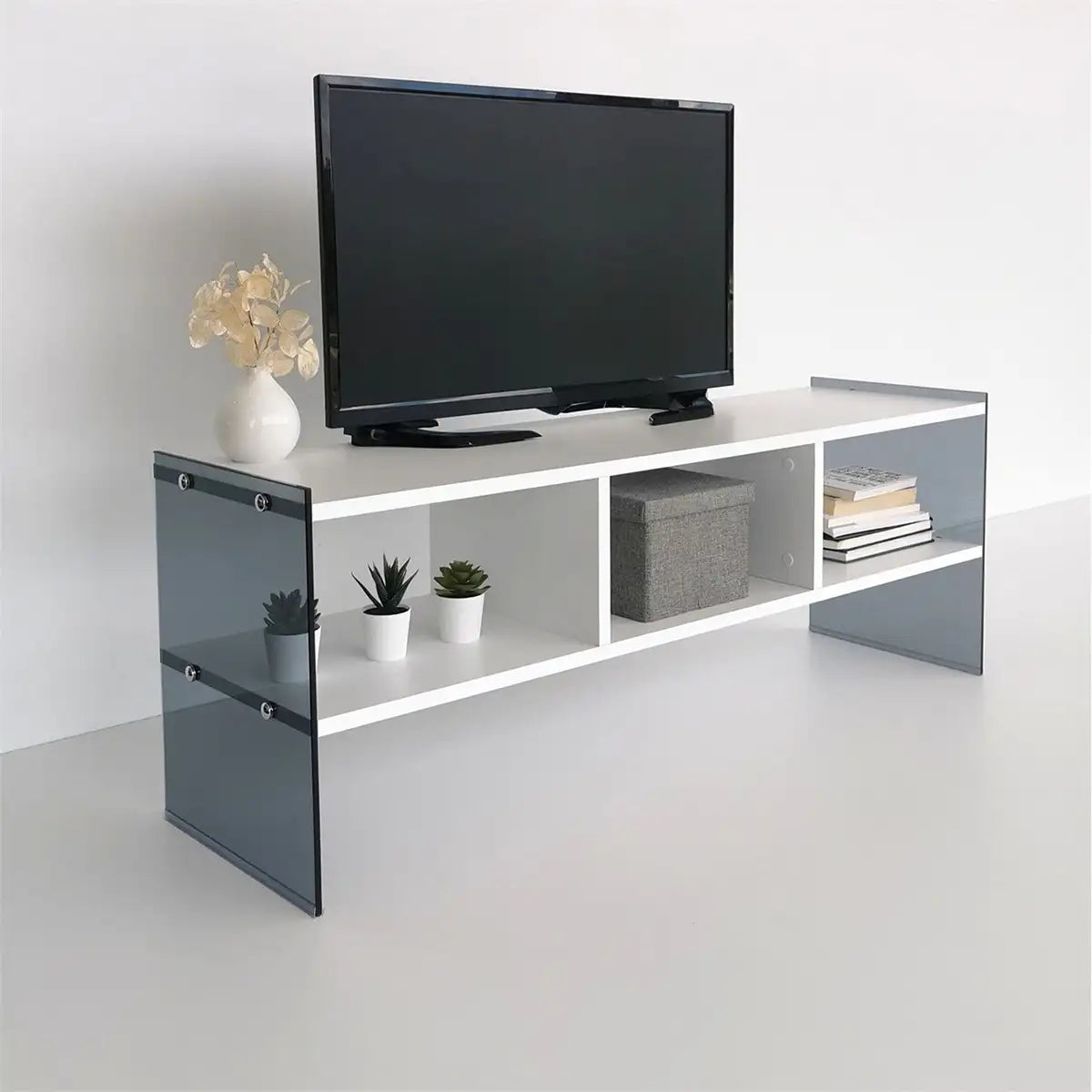 Carlos- Modern TV Stand with Tempered Glass or Tempered Smoked Glass - White