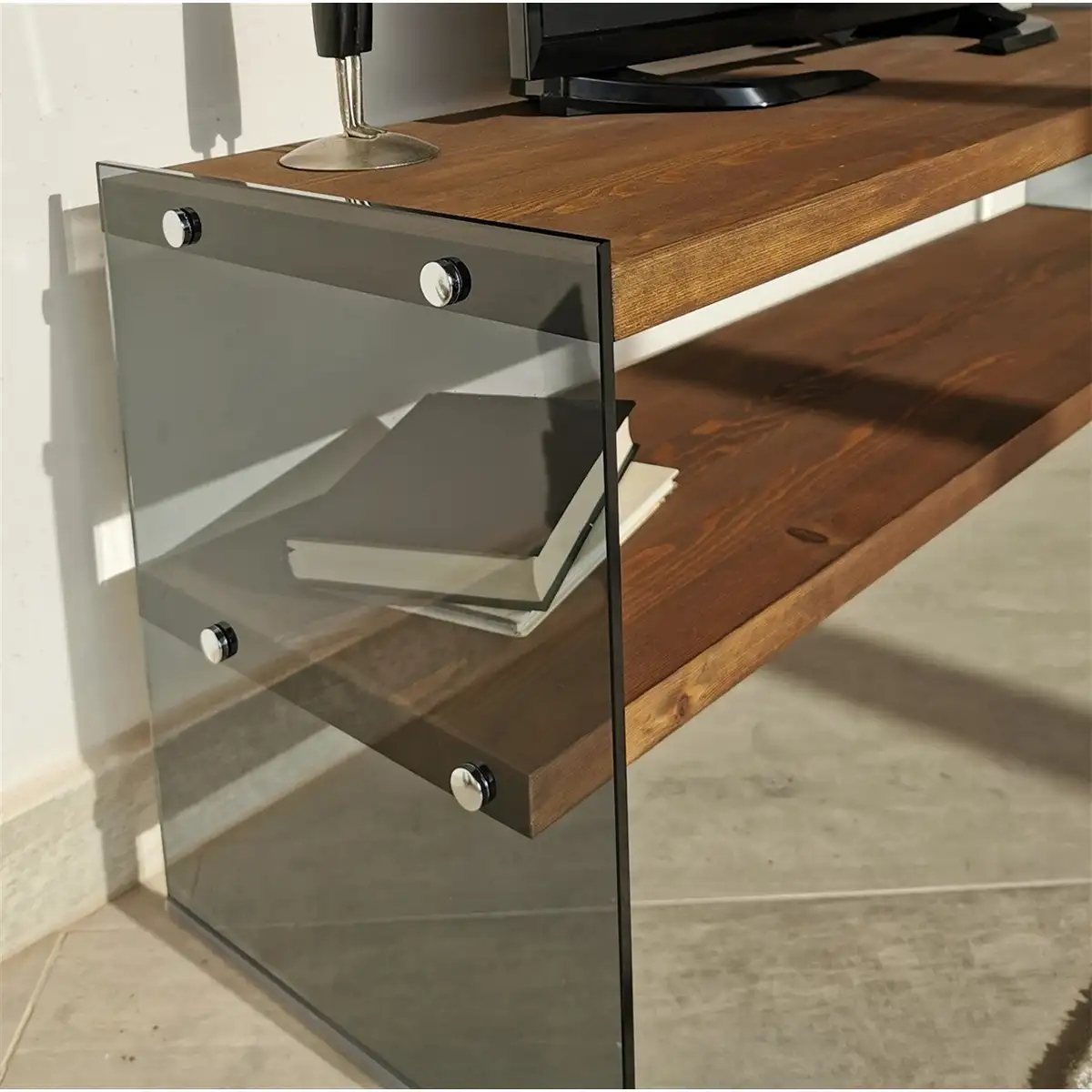 Carlos - Modern Solid Wood and Tempered Smoked Glass TV Stand with 2 Book Shelves, Walnut TV Stand