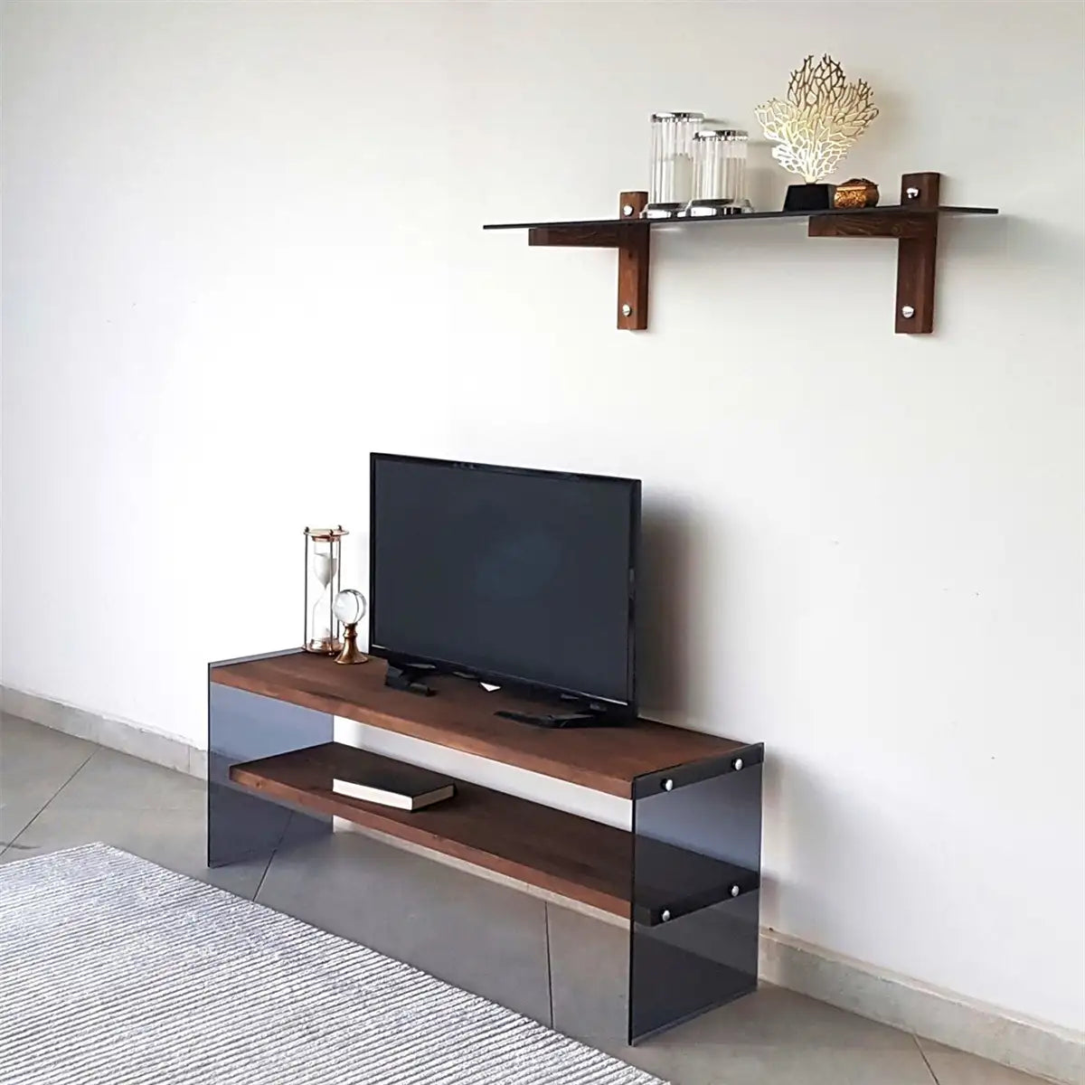 Carlos - Modern Solid Wood and Tempered Smoked Glass TV Stand with 2 Book Shelves, Walnut TV Stand