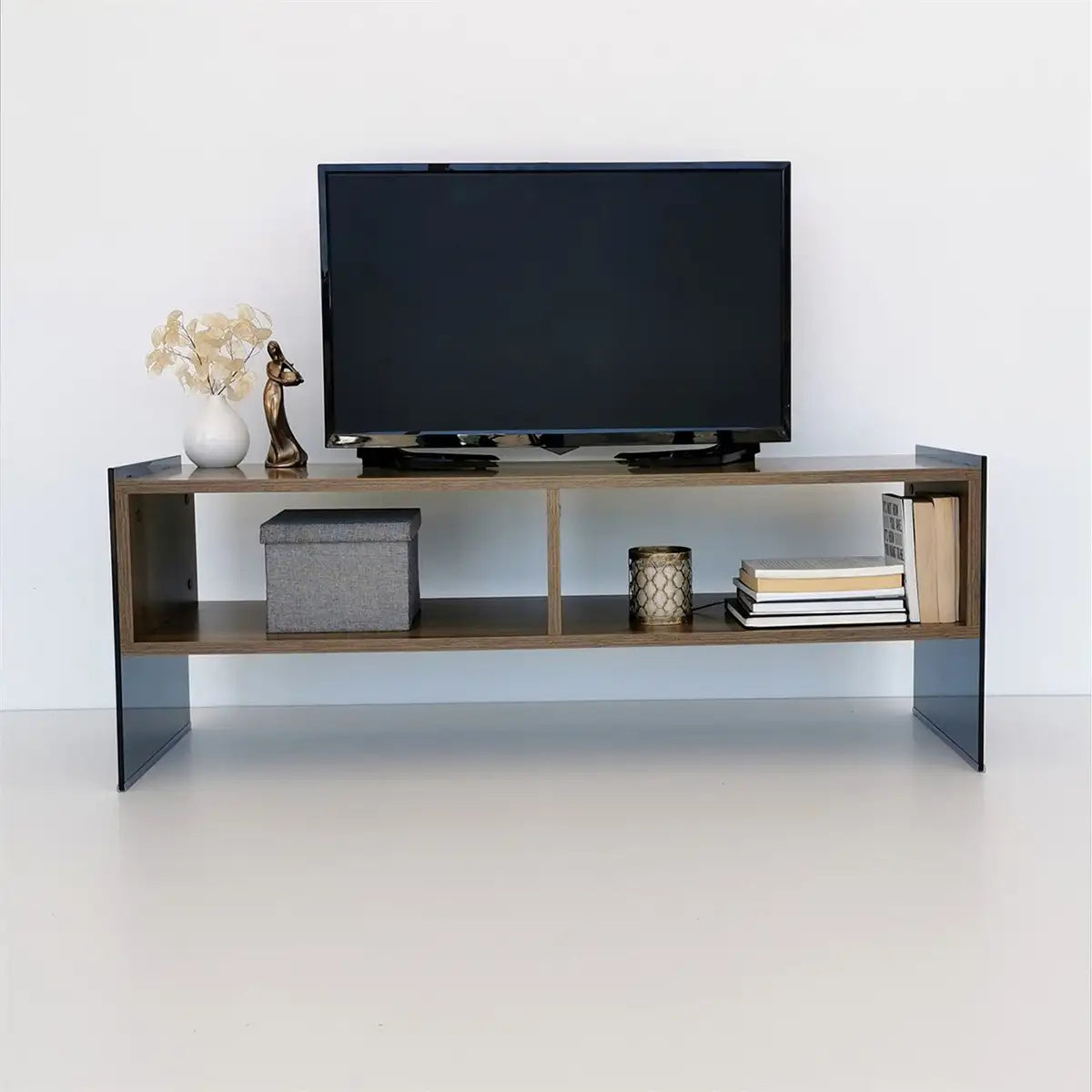 Carlos - Modern TV Stand with Tempered Glass or Smoked Glass - Walnut Finish