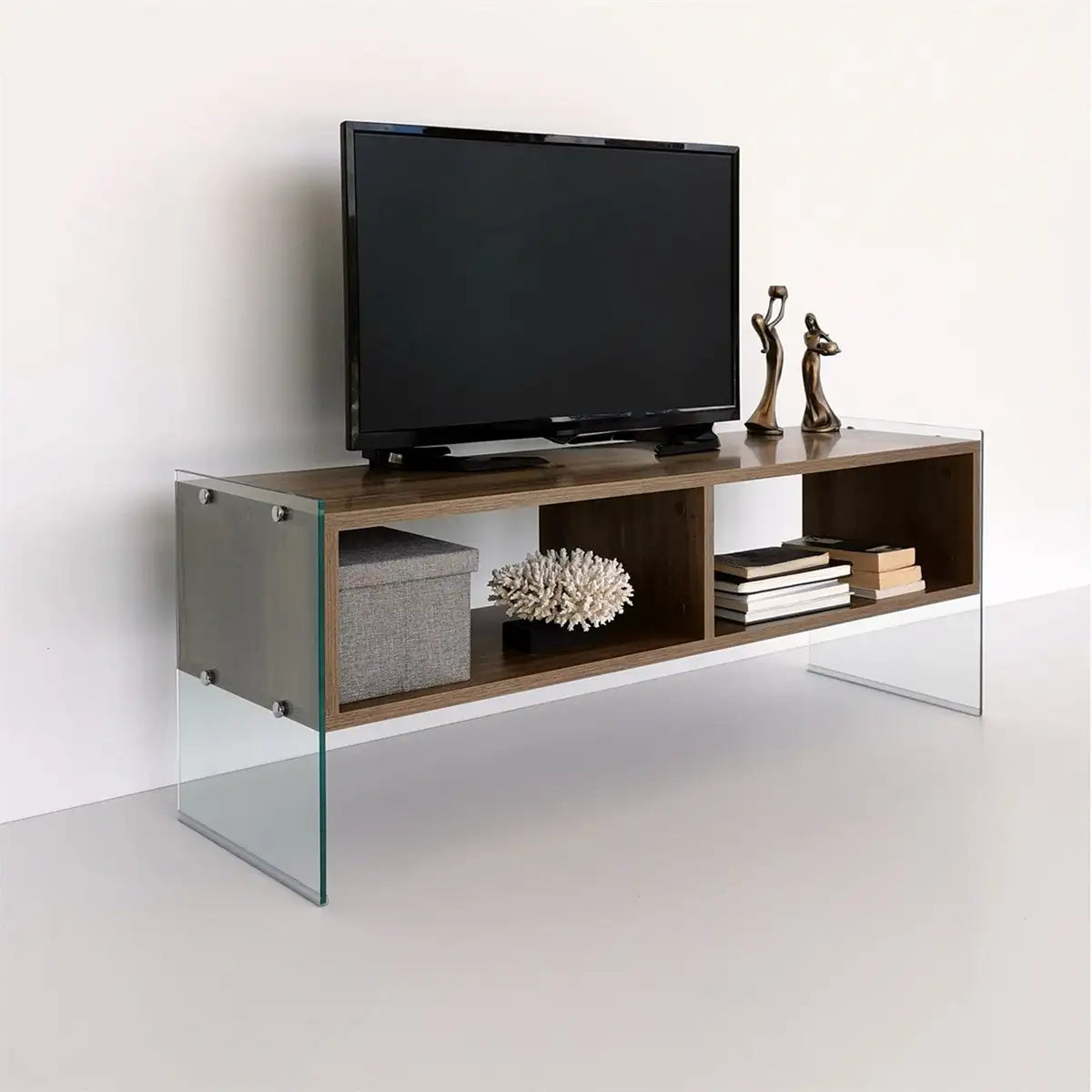 Carlos - Modern TV Stand with Tempered Glass or Smoked Glass - Walnut Finish