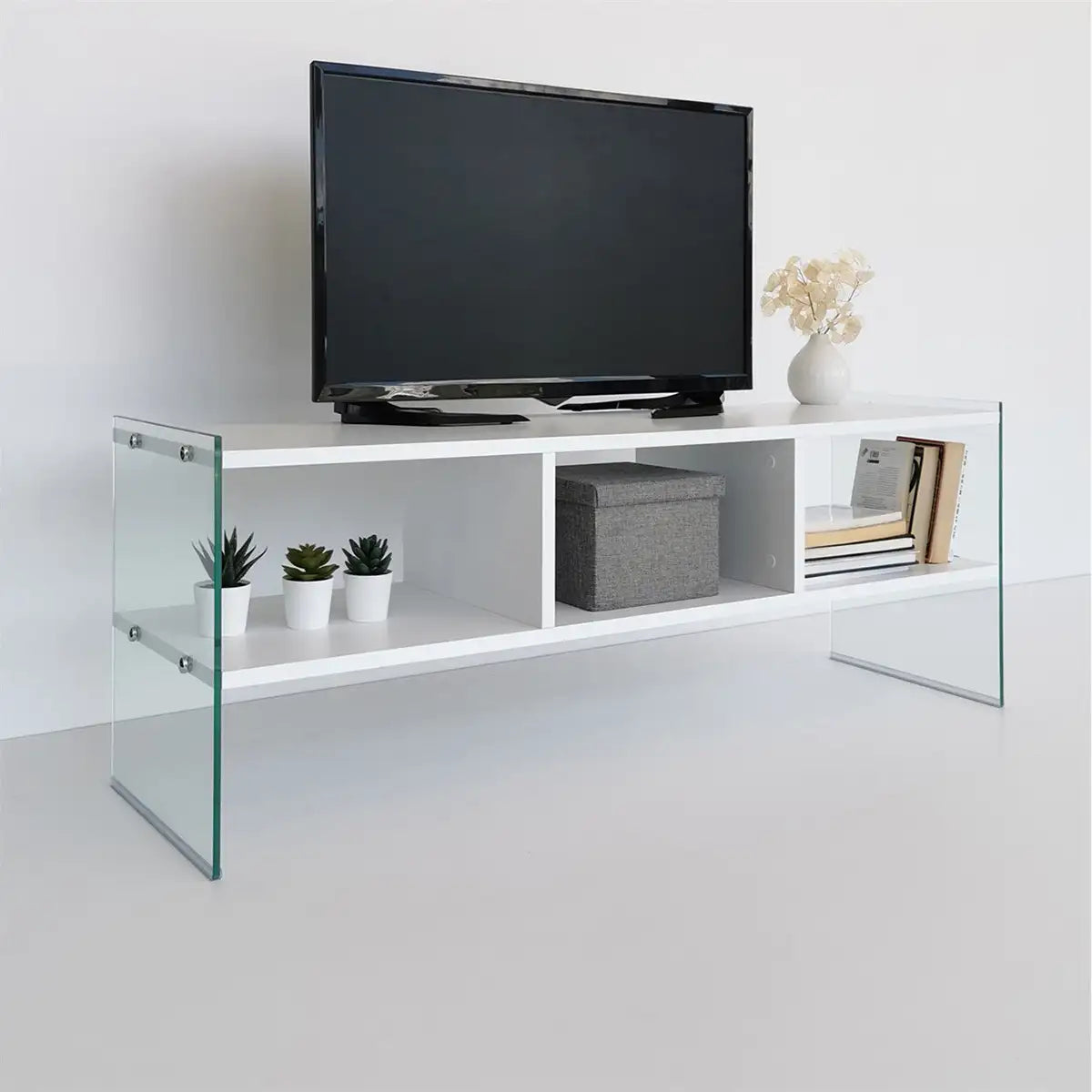 Carlos- Modern TV Stand with Tempered Glass or Tempered Smoked Glass - White