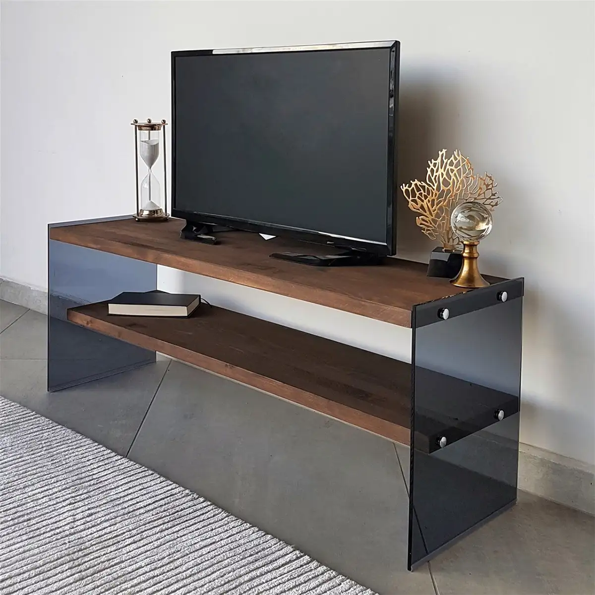 Carlos - Modern Solid Wood and Tempered Smoked Glass TV Stand with 2 Book Shelves, Walnut TV Stand