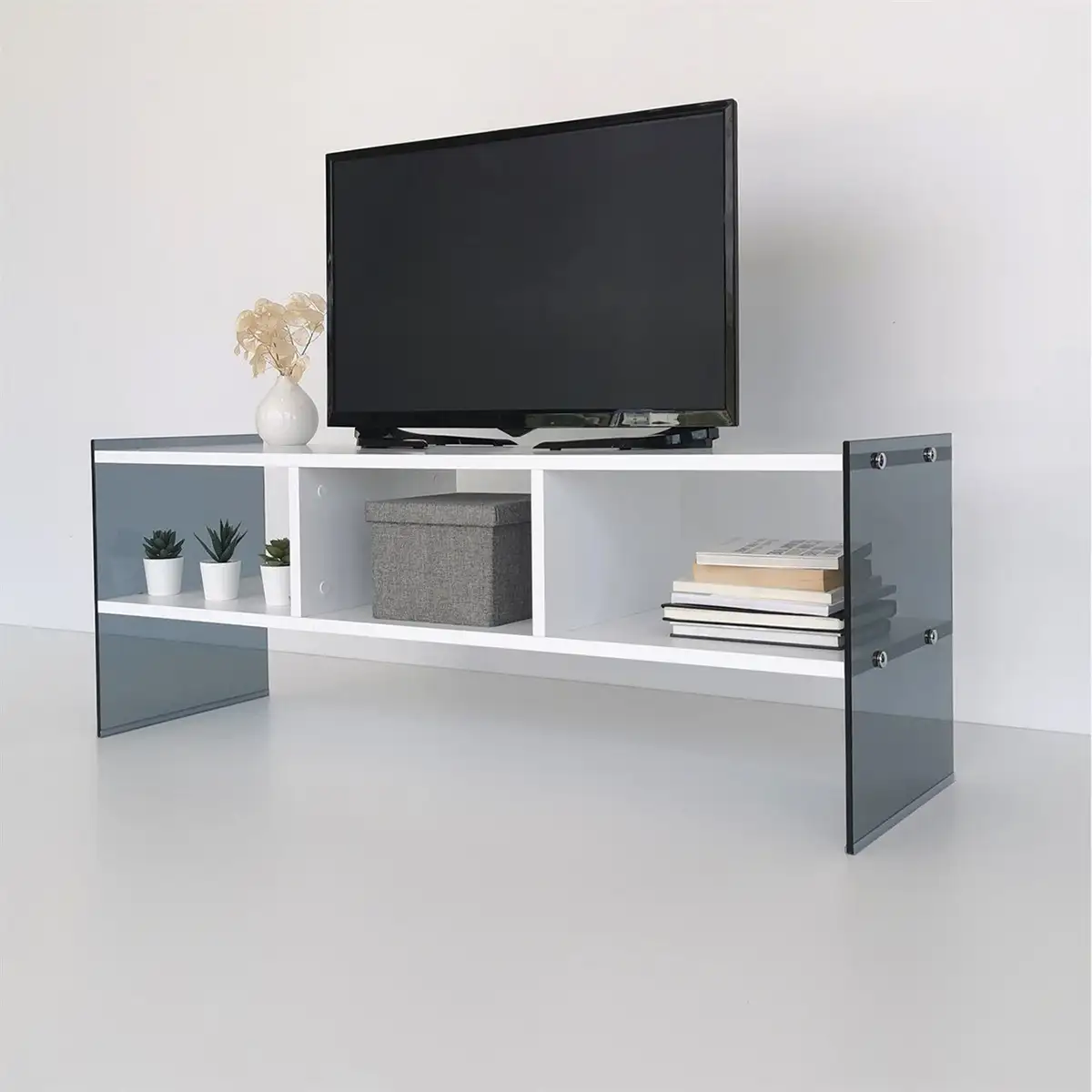 Carlos- Modern TV Stand with Tempered Glass or Tempered Smoked Glass - White