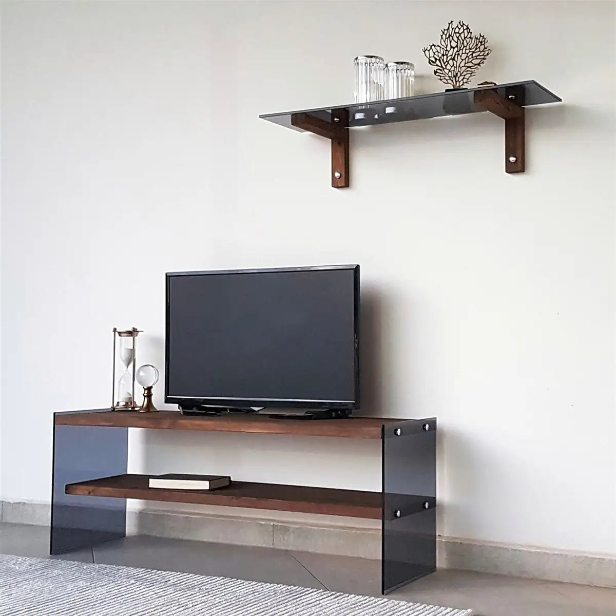 Carlos - Modern Solid Wood and Tempered Smoked Glass TV Stand with 2 Book Shelves, Walnut TV Stand