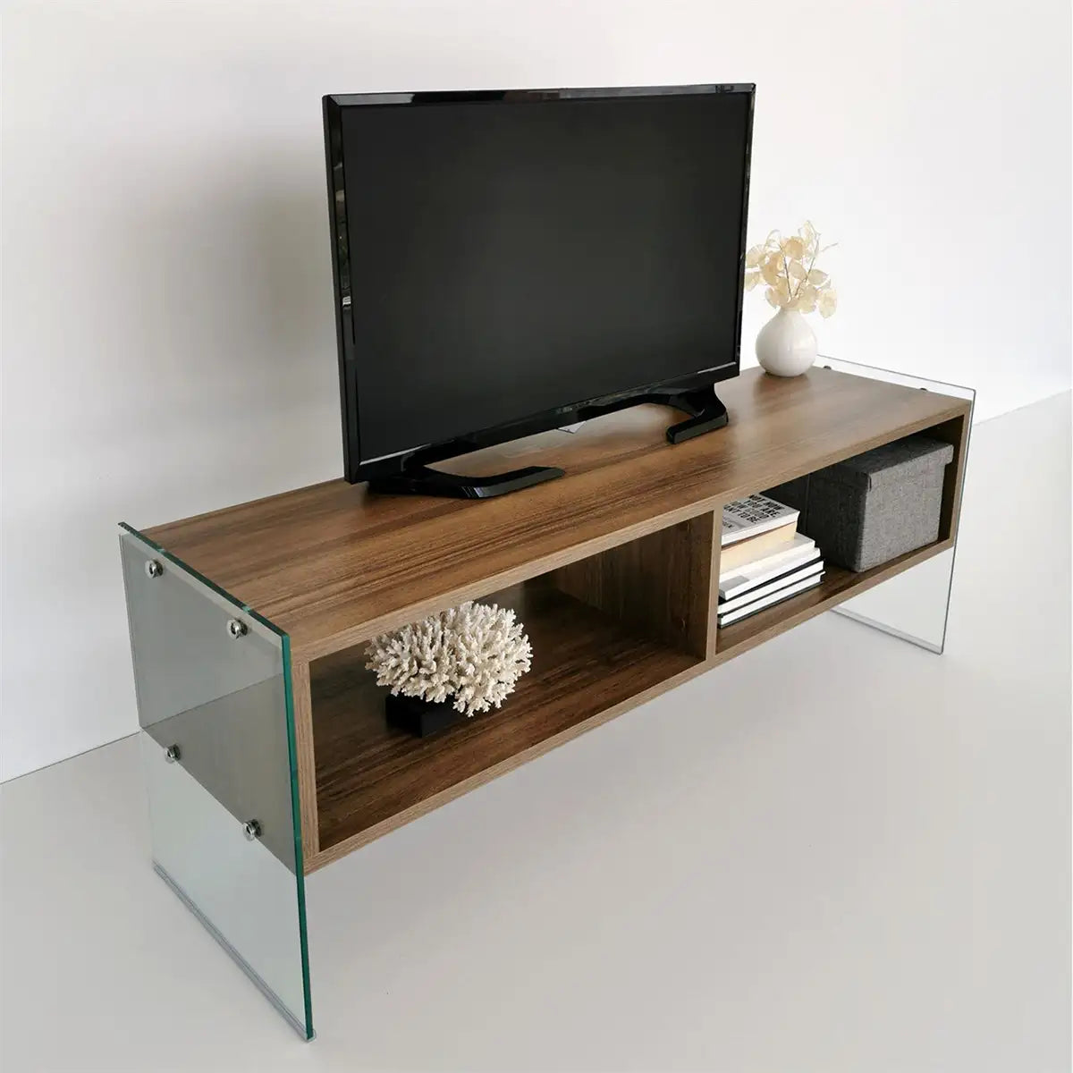 Carlos - Modern TV Stand with Tempered Glass or Smoked Glass - Walnut Finish