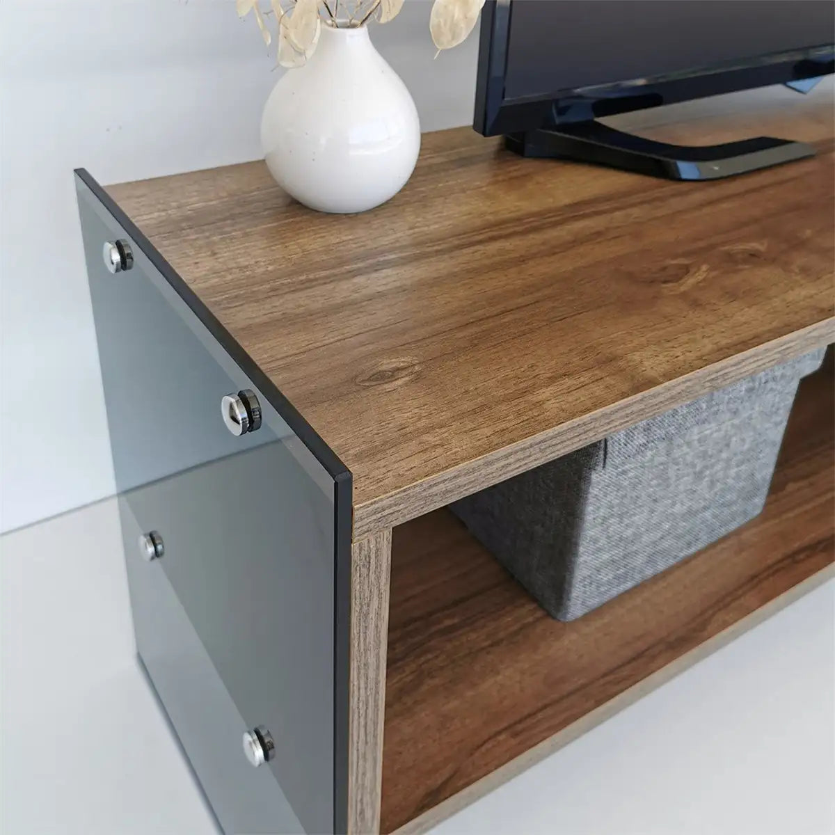 Carlos - Modern TV Stand with Tempered Glass or Smoked Glass - Walnut Finish