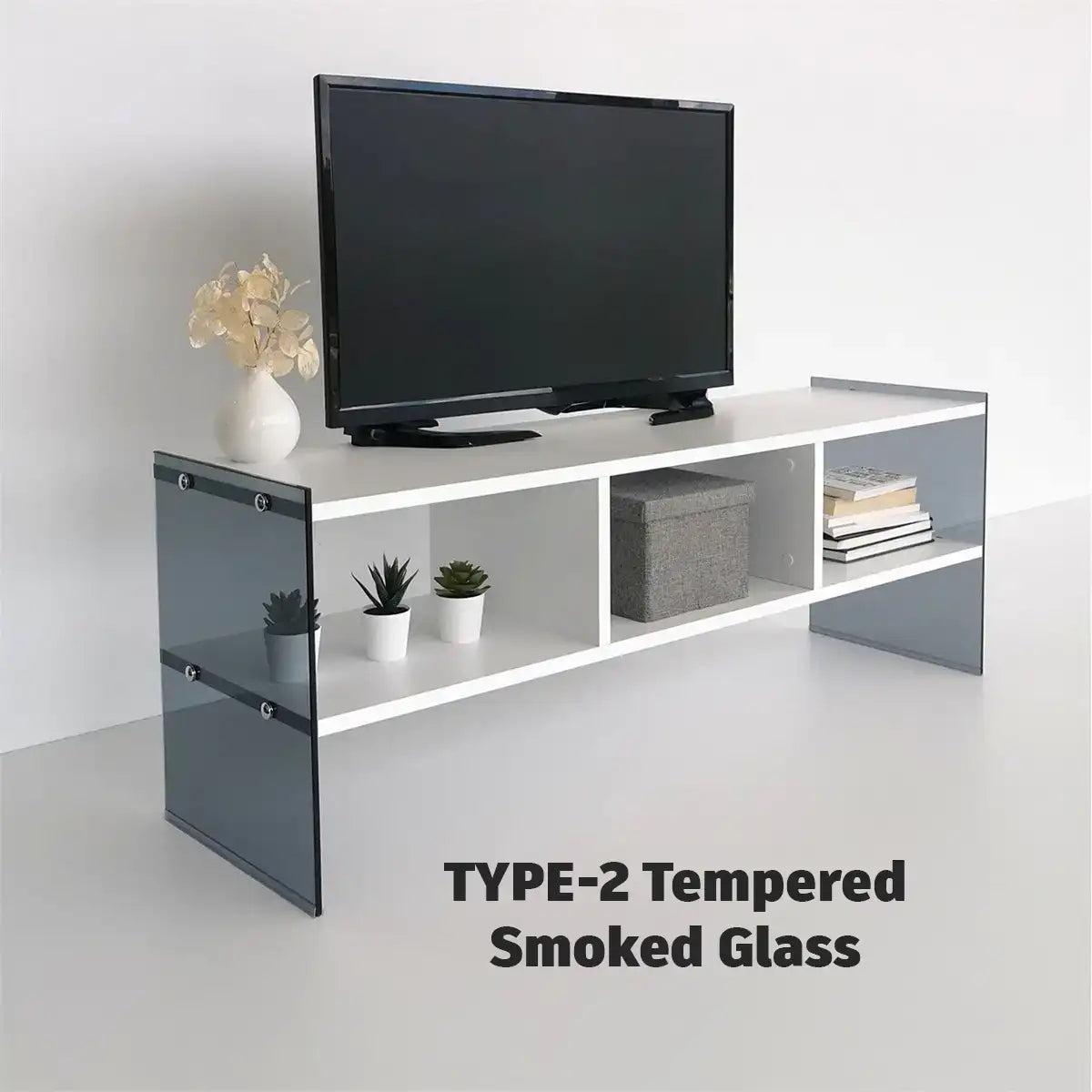 Carlos- Modern TV Stand with Tempered Glass or Tempered Smoked Glass - White