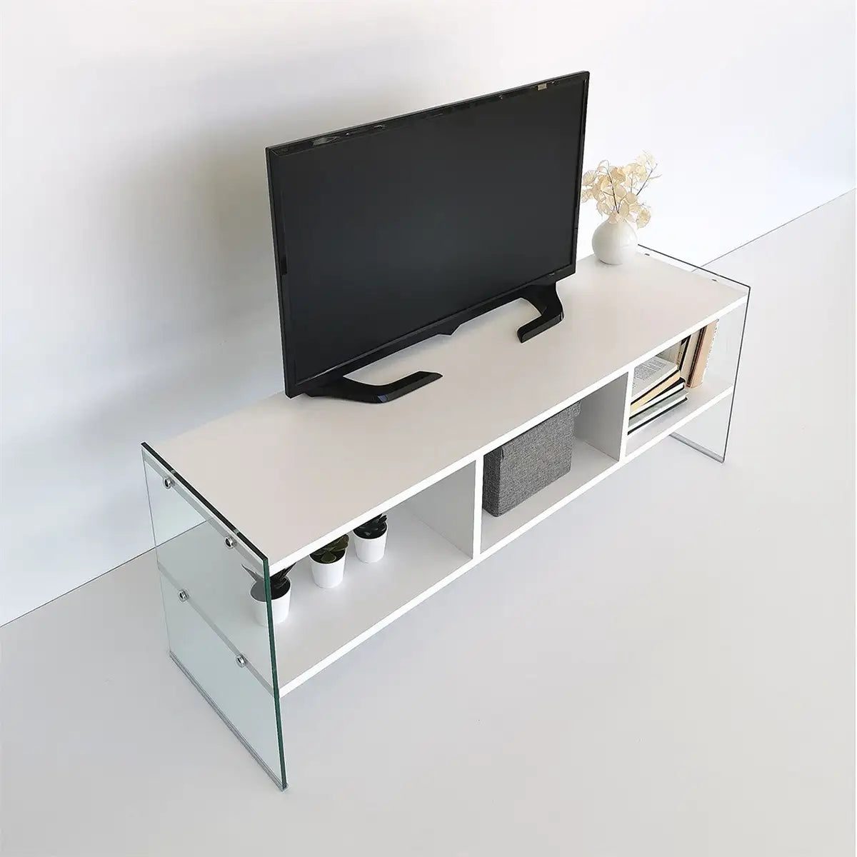 Carlos- Modern TV Stand with Tempered Glass or Tempered Smoked Glass - White