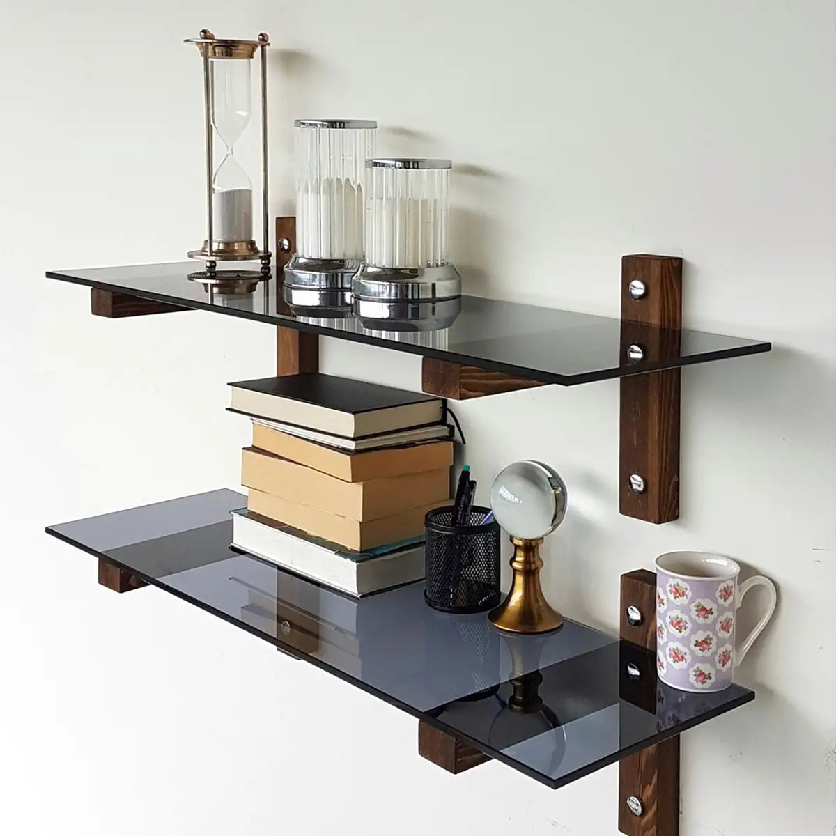 Carlos - Modern Solid Wood and Tempered Smoked Glass TV Stand with 2 Book Shelves, Walnut TV Stand