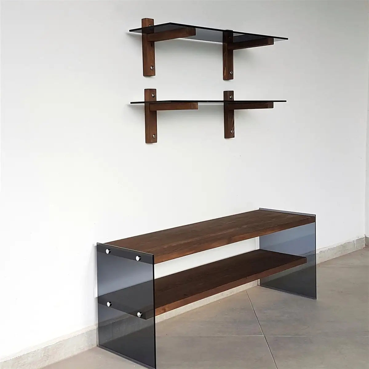 Carlos - Modern Solid Wood and Tempered Smoked Glass TV Stand with 2 Book Shelves, Walnut TV Stand