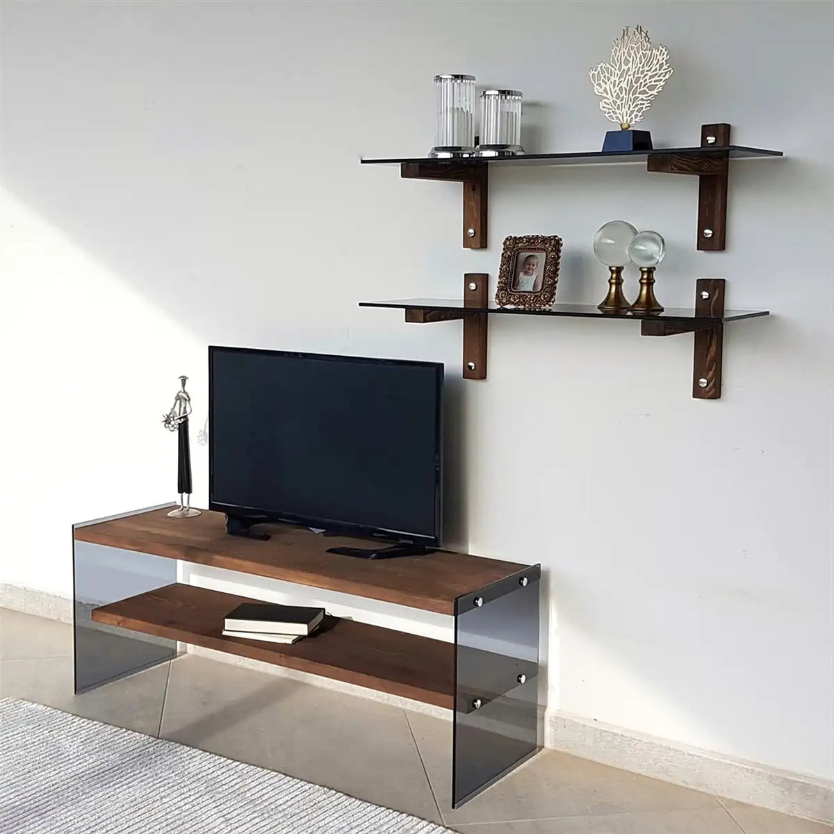 Carlos - Modern Solid Wood and Tempered Smoked Glass TV Stand with 2 Book Shelves, Walnut TV Stand