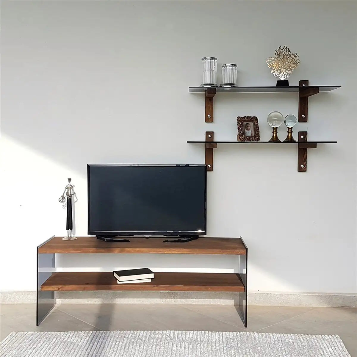 Carlos - Modern Solid Wood and Tempered Smoked Glass TV Stand with 2 Book Shelves, Walnut TV Stand