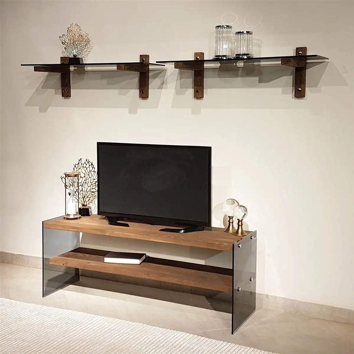 Carlos - Modern Solid Wood and Tempered Smoked Glass TV Stand with 2 Book Shelves, Walnut TV Stand