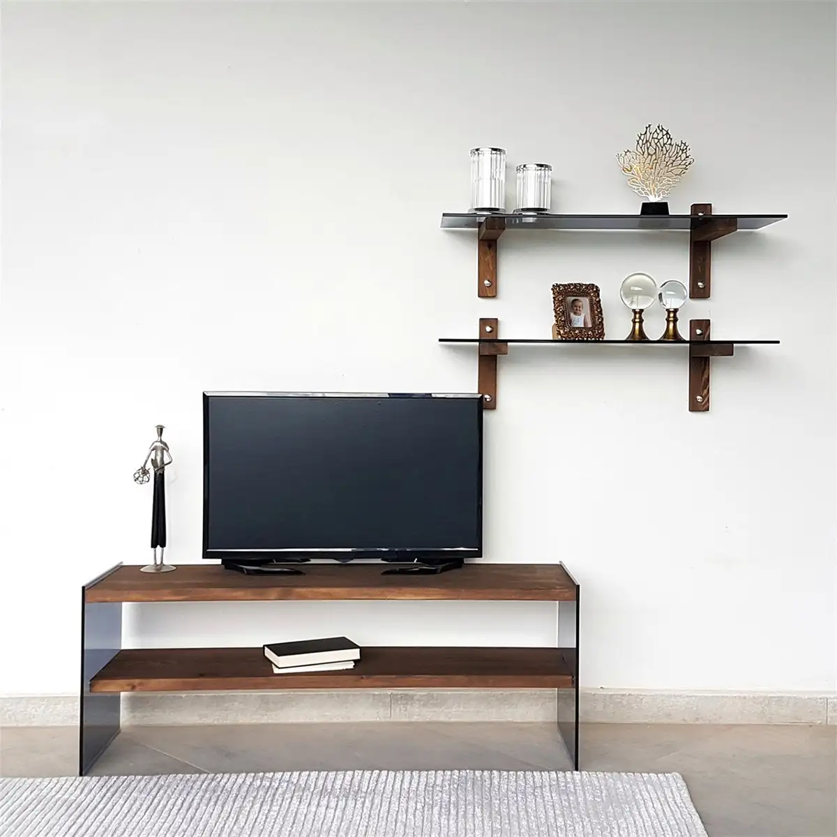 Carlos - Modern Solid Wood and Tempered Smoked Glass TV Stand with 2 Book Shelves, Walnut TV Stand