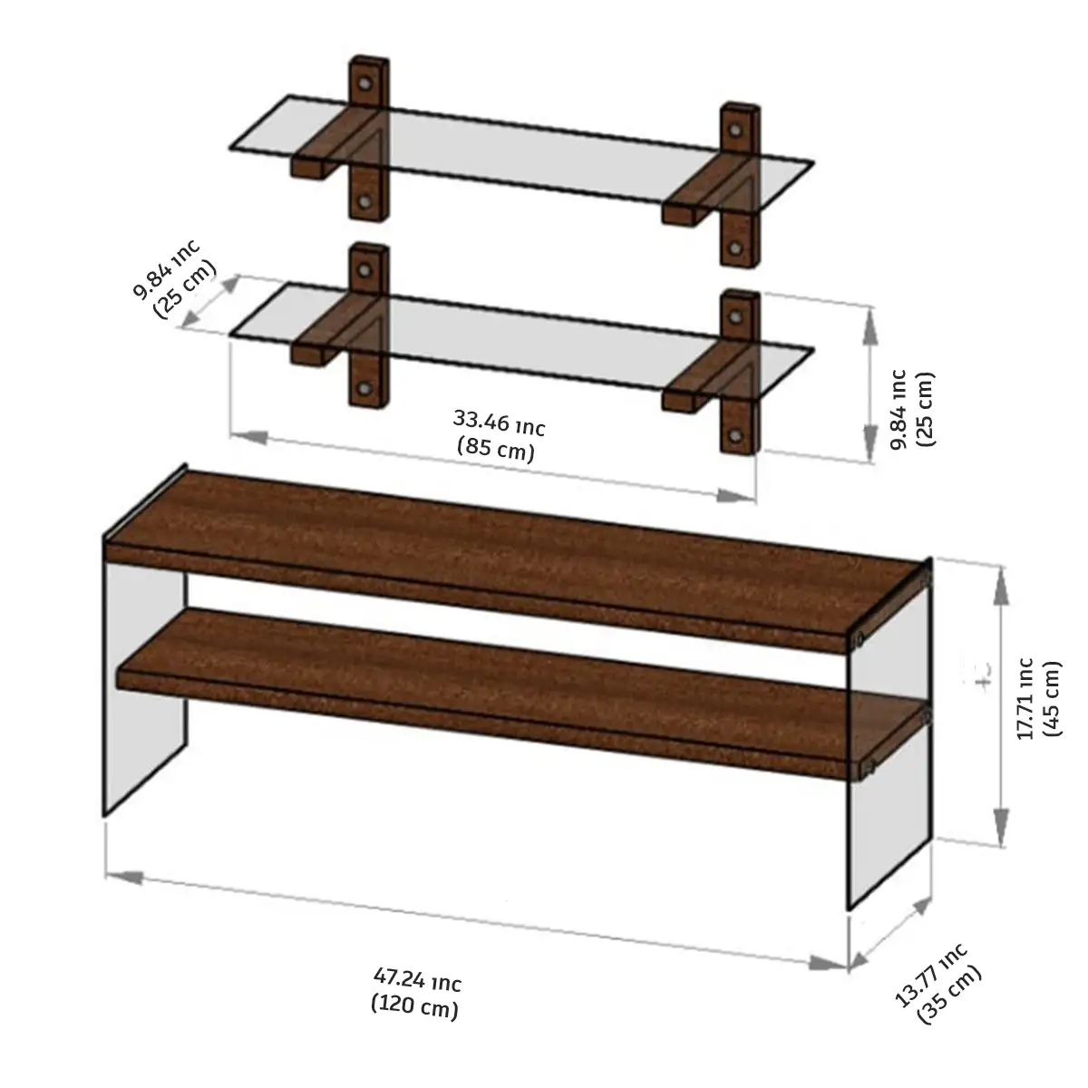 Carlos - Modern Solid Wood and Tempered Smoked Glass TV Stand with 2 Book Shelves, Walnut TV Stand