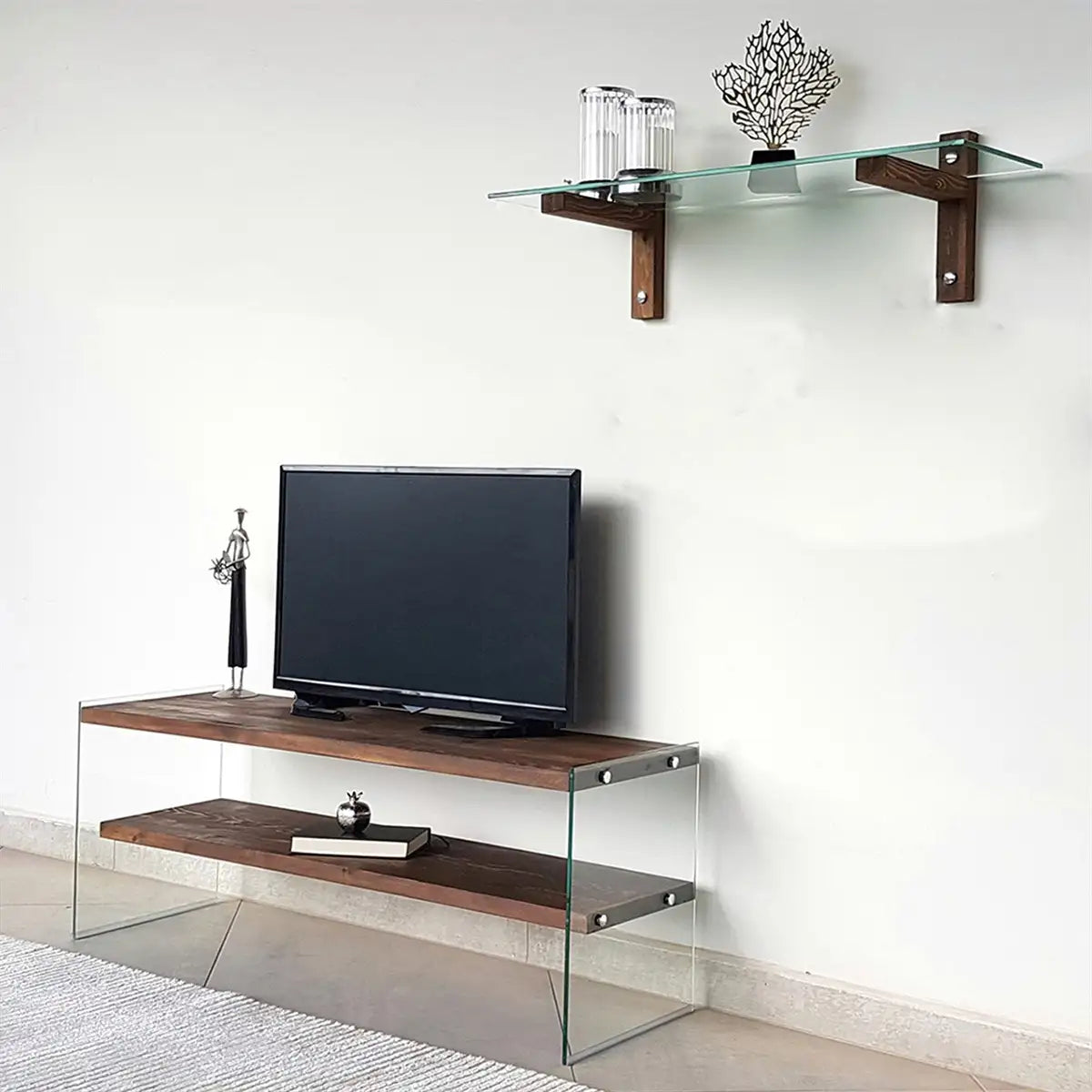 Carlos - Modern Solid Wood and Tempered Glass TV Stand with 2 Book Shelves, Walnut