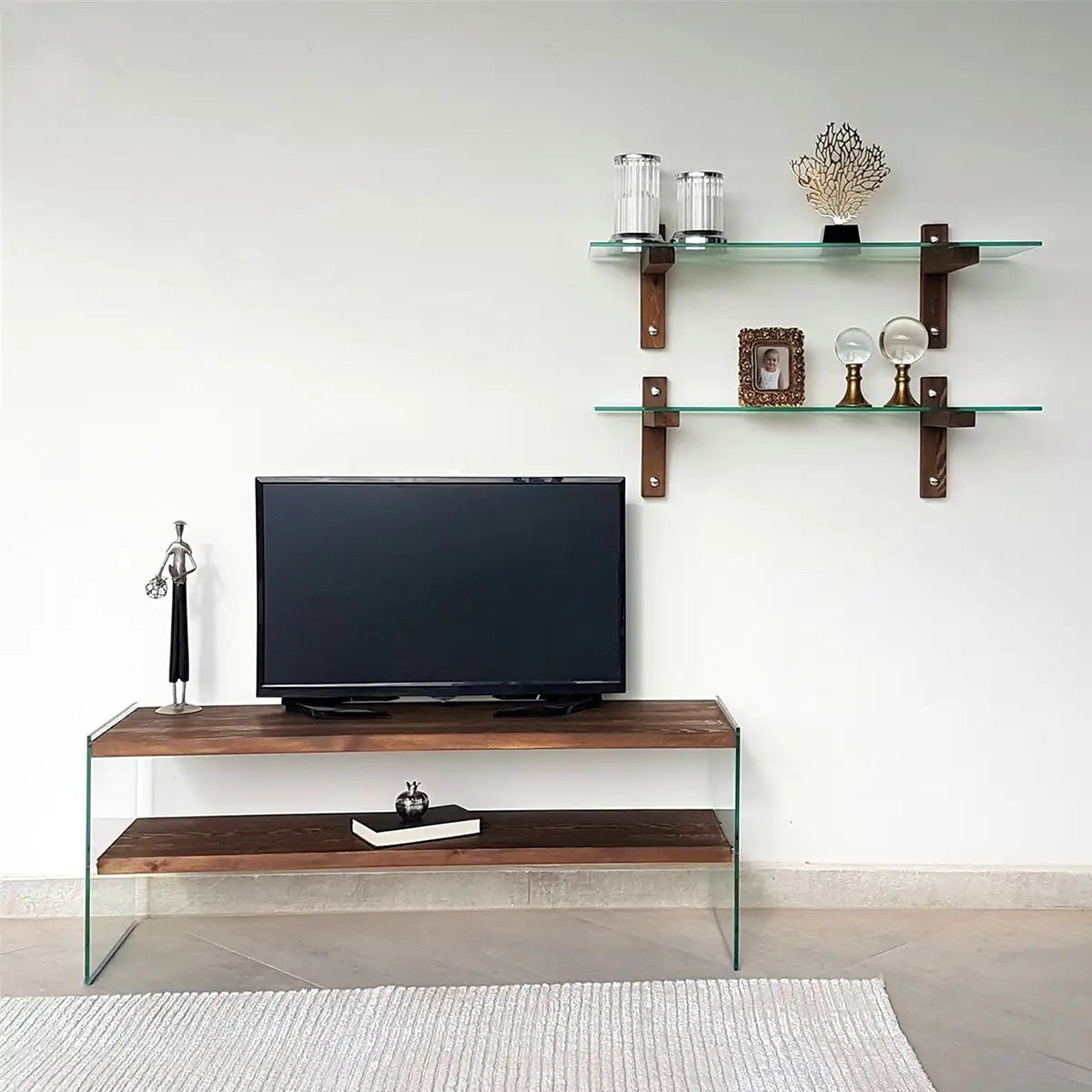 Carlos - Modern Solid Wood and Tempered Glass TV Stand with 2 Book Shelves, Walnut