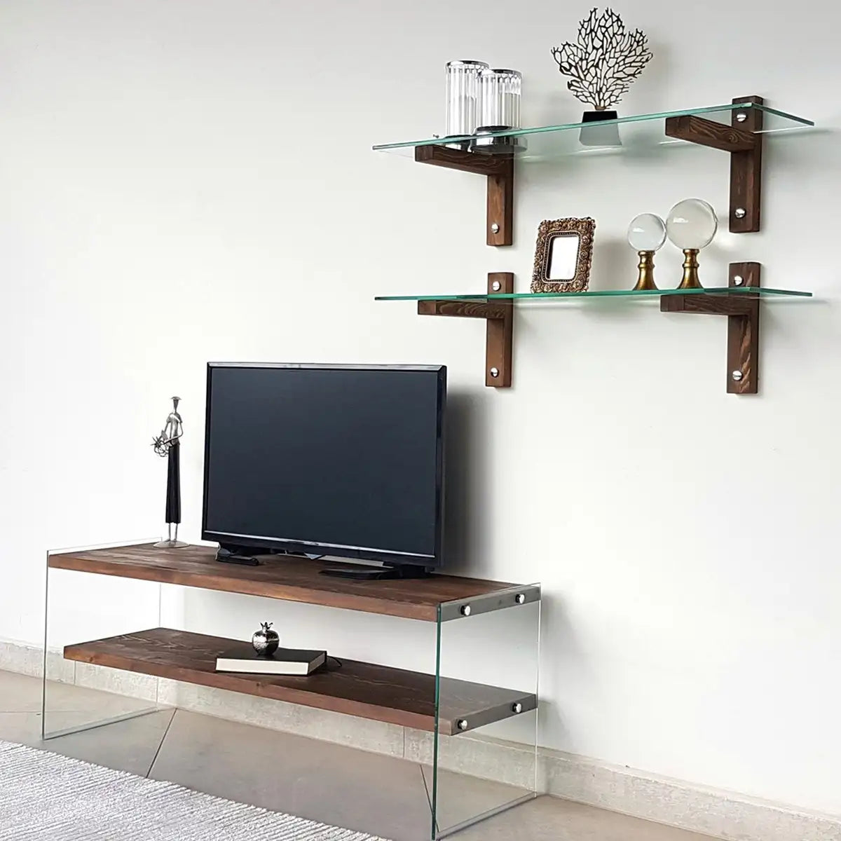 Carlos - Modern Solid Wood and Tempered Glass TV Stand with 2 Book Shelves, Walnut