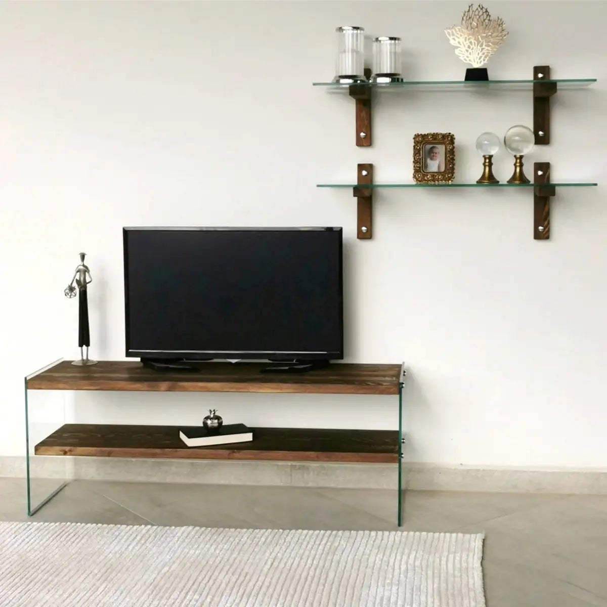 Carlos - Modern Solid Wood and Tempered Glass TV Stand with 2 Book Shelves, Walnut