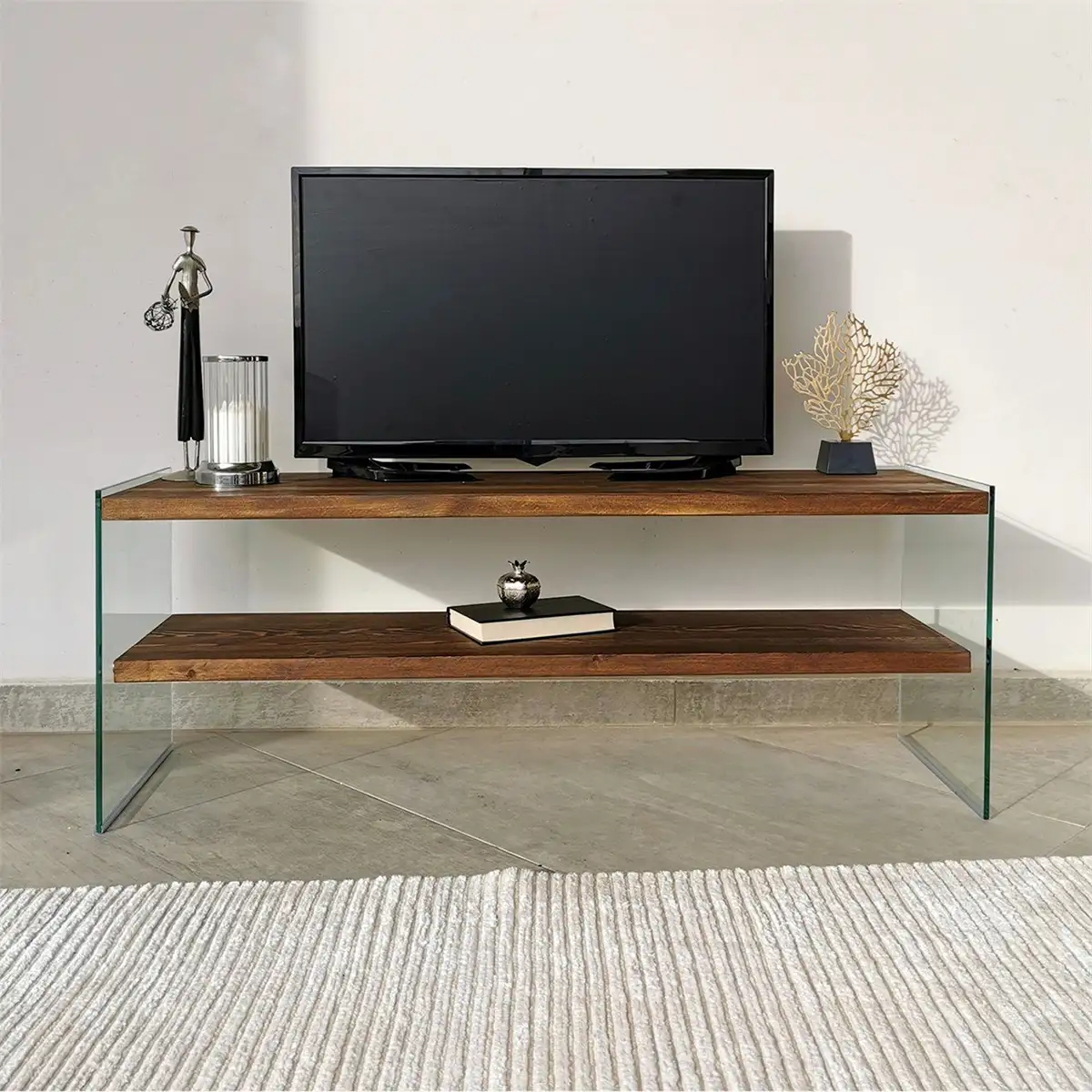 Carlos - Modern Solid Wood and Tempered Glass TV Stand with 2 Book Shelves, Walnut