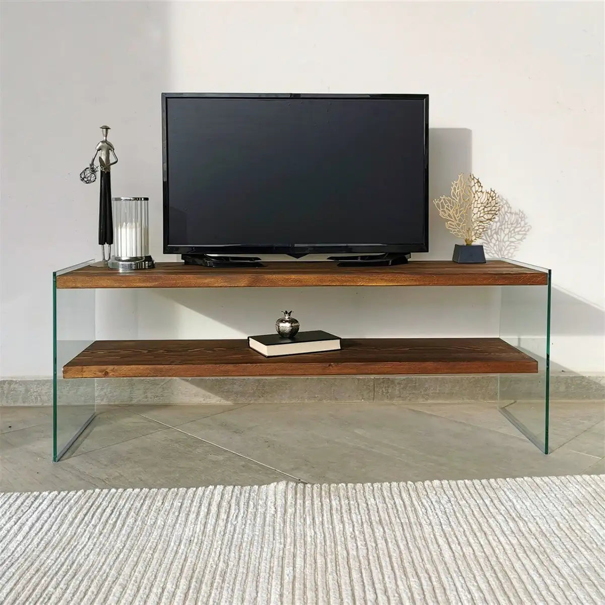 Carlos - Modern Solid Wood and Tempered Glass TV Stand with 2 Book Shelves, Walnut