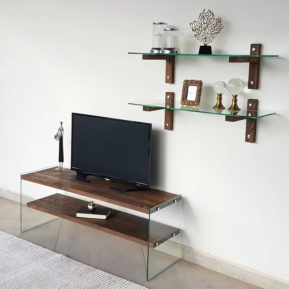 Carlos - Modern Solid Wood and Tempered Glass TV Stand with 2 Book Shelves, Walnut