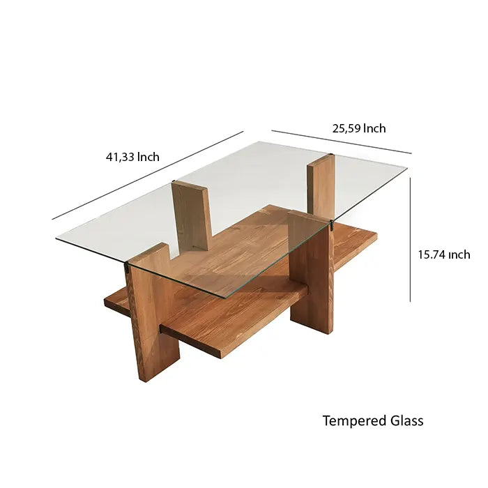 Mesa de centro grande de vidrio irrompible con patas de madera maciza, extremo de madera de nogal, mesa decorativa lateral, mesa central baja única, tapa de vidrio templado