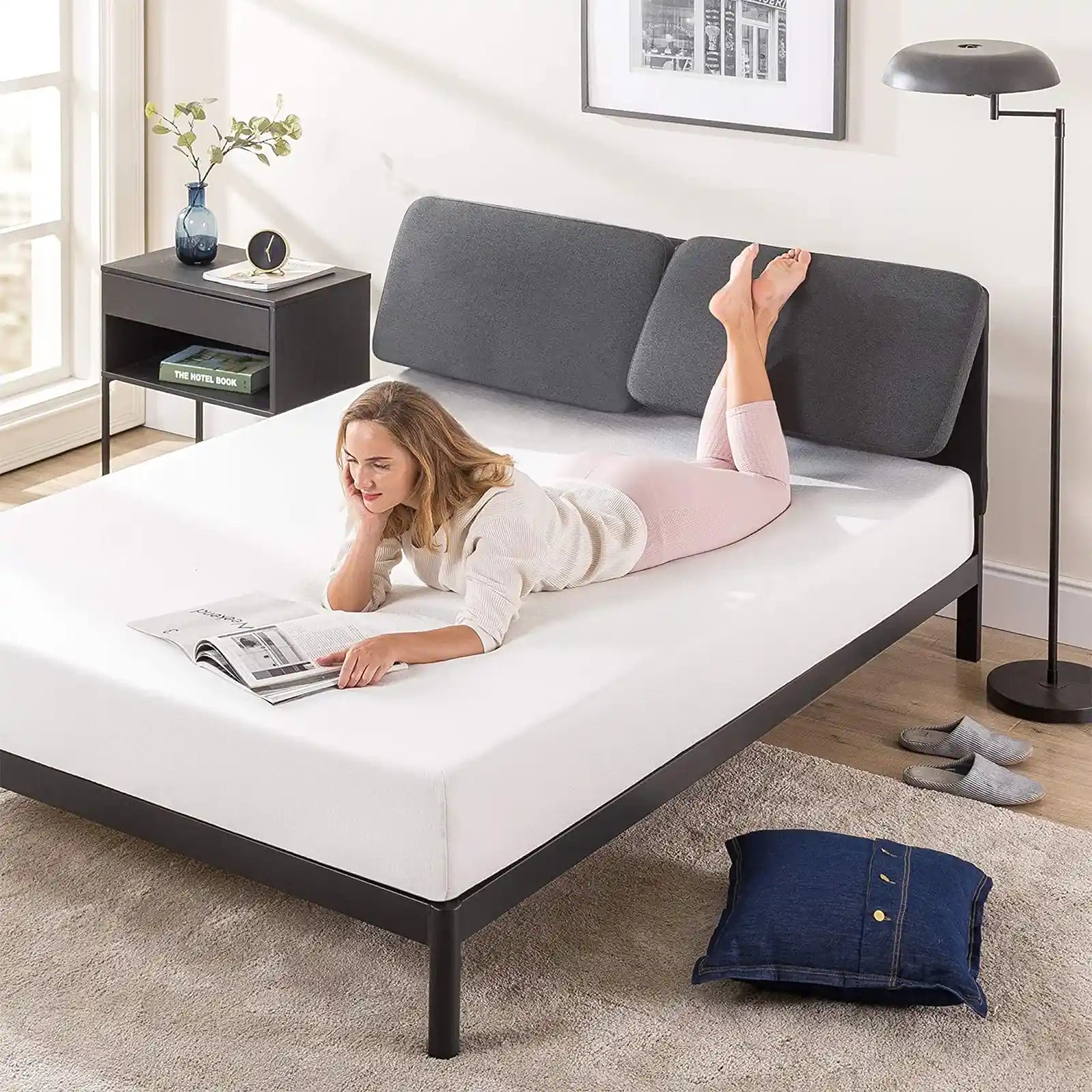 Metal Platform Bed with Reclining Cushioned Headboard